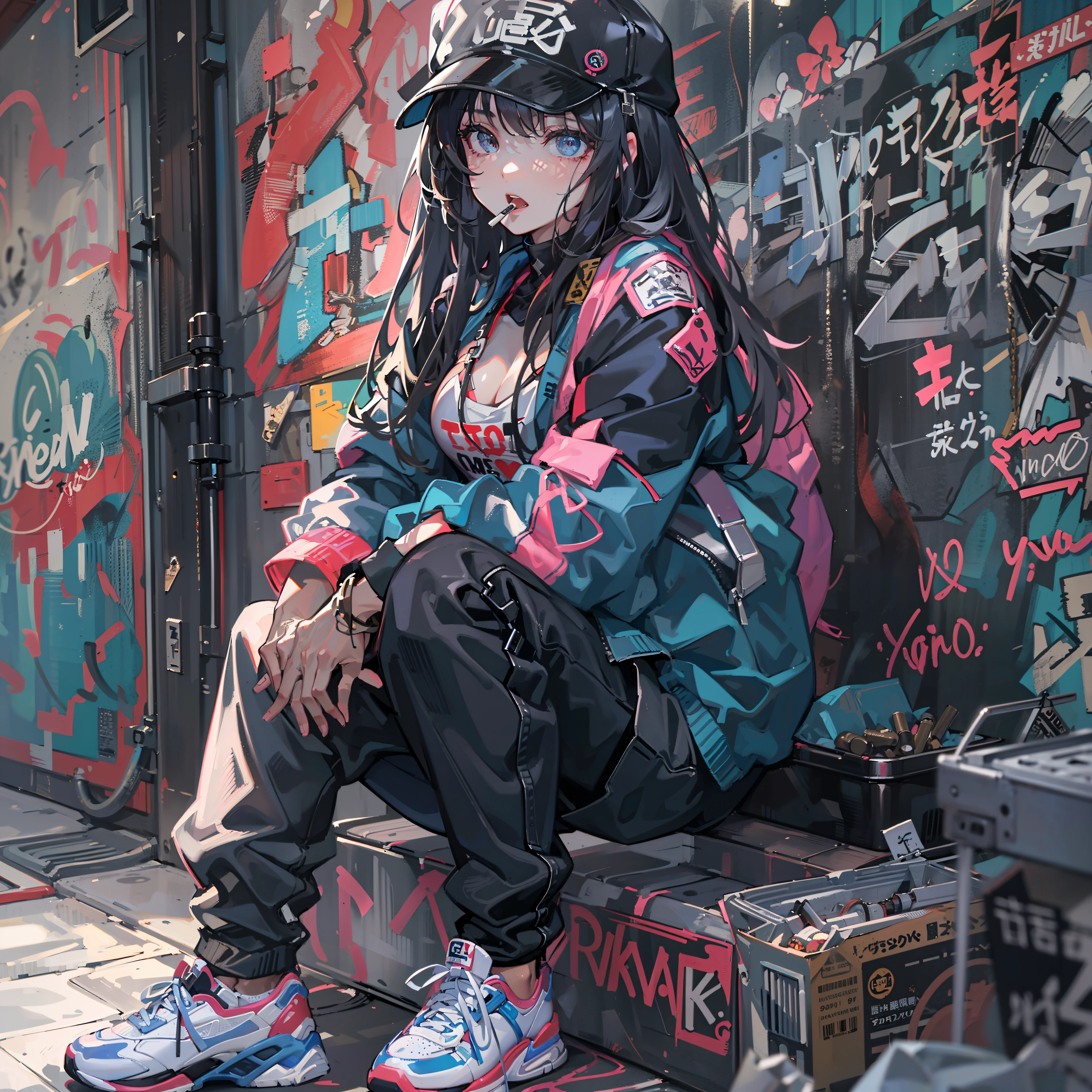 One girl in a back alley、(Super Detail)、(8K)、((Hip Hop Fashion))、(Cigarettes in the mouth)(Graffiti wall)、(full bodyesbian)、(hyperdetailed face)、(Cool Face)、(crouching down)