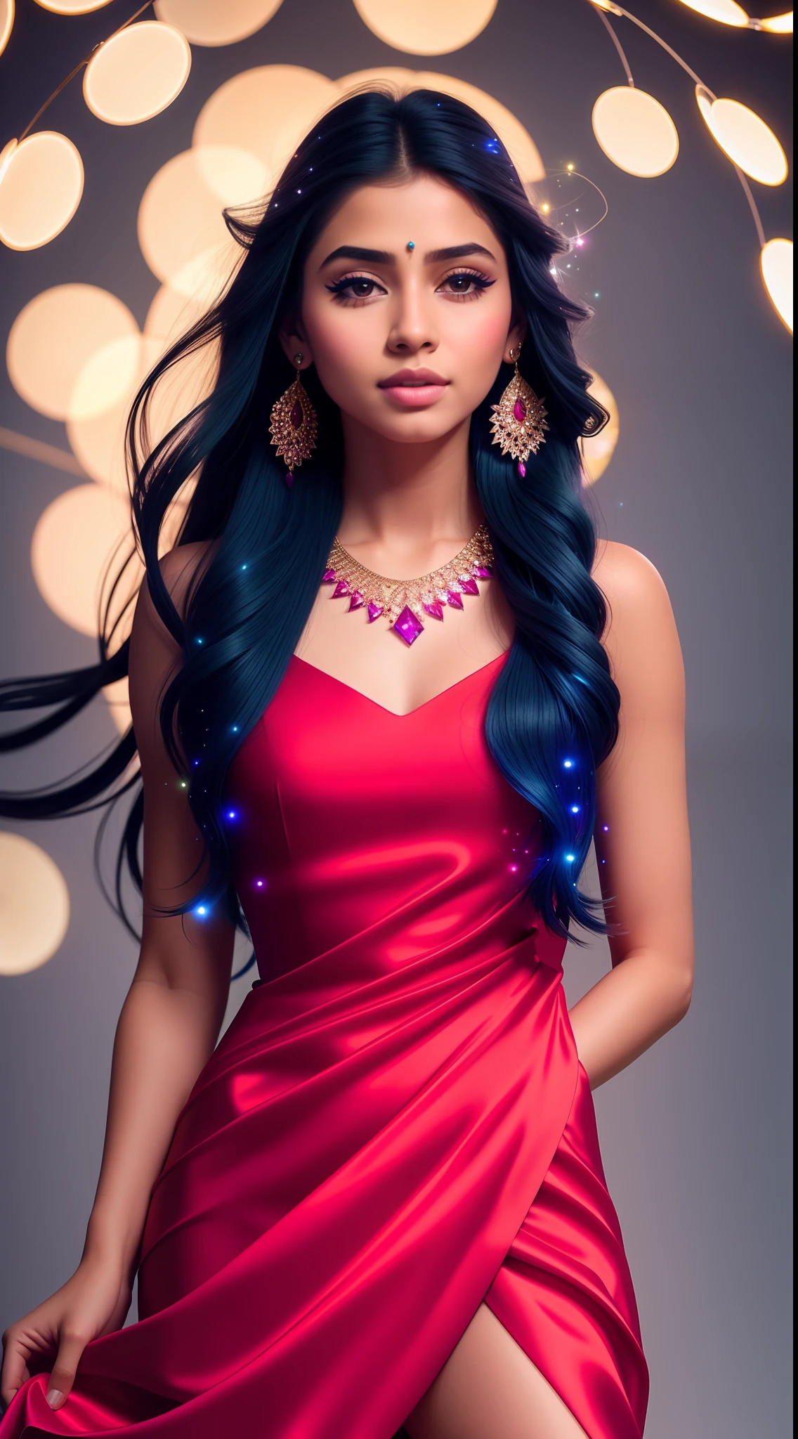 (8k, RAW photo:1.2),1 girl,(long hair:1.31),earrings, hair rings, necklace, cinematic lighting, best quality, ultra high res, (photorealistic:1.3), POV ,(solo:1.1), (looking at viewer:1.331),(parted lips:1.1), (eyelashes:1.1), (happy:1.21), (depth of field:1.1), lens flare, (chromatic aberration:1.1), (caustics:1.1), (scattered luminous petals:1.331), 25 year old indian girl, indian face, beautiful body, beautiful face, (((dream asymmetric dress))), (((full body))), ((high heels))
