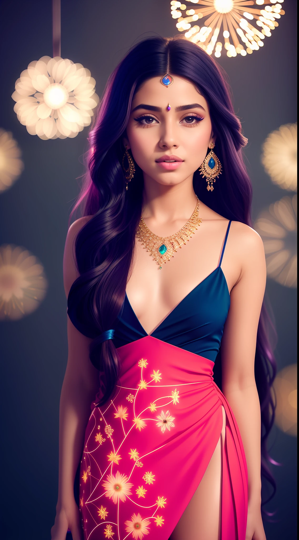 (8k, RAW photo:1.2),1 girl,(long hair:1.31),earrings, hair rings, necklace, cinematic lighting, best quality, ultra high res, (photorealistic:1.3), POV ,(solo:1.1), (looking at viewer:1.331),(parted lips:1.1), (eyelashes:1.1), (happy:1.21), (depth of field:1.1), lens flare, (chromatic aberration:1.1), (caustics:1.1), (scattered luminous petals:1.331), 25 year old indian girl, indian face, beautiful body, beautiful face, (((dream asymmetric dress))), (((full body))), ((high heels))