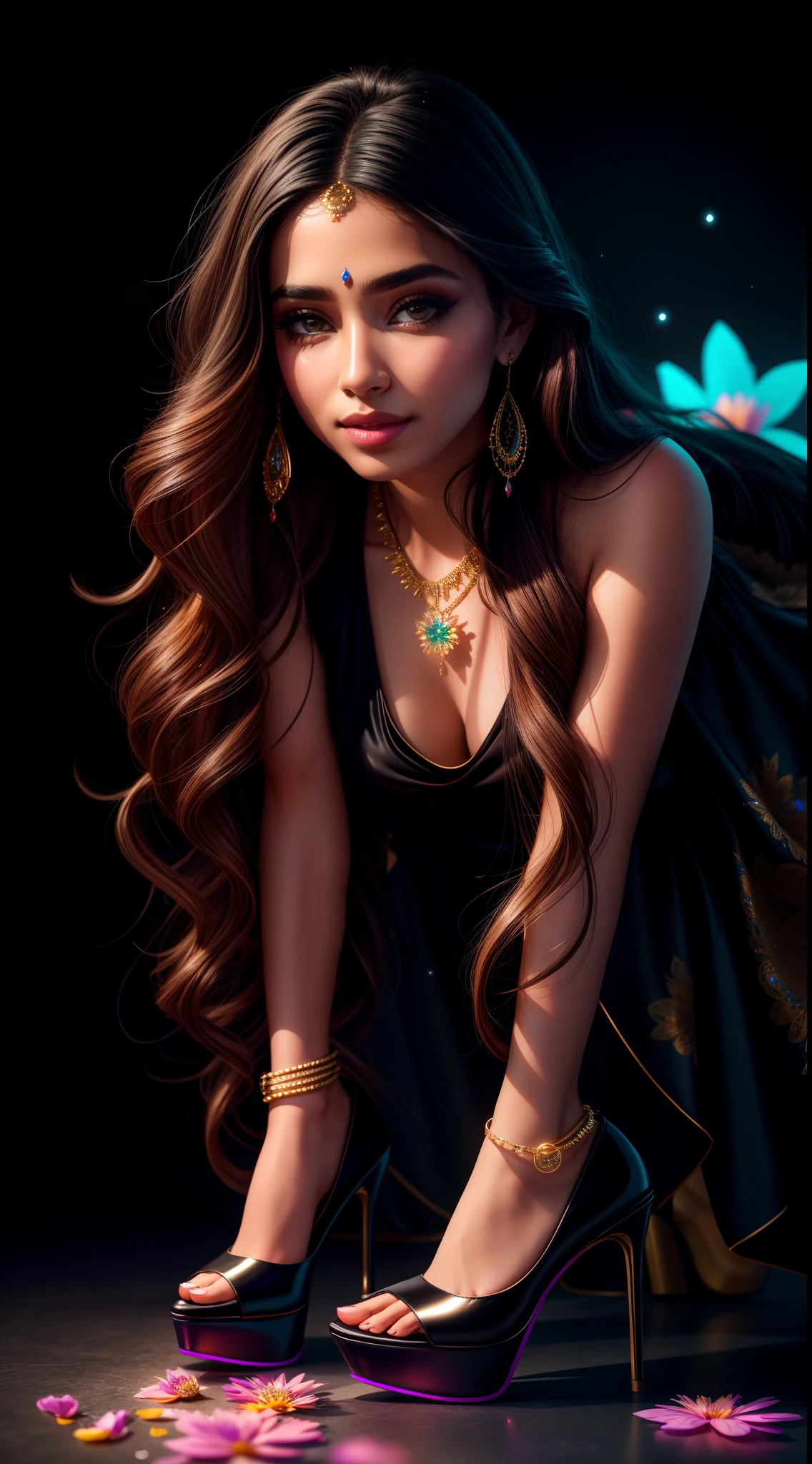(8k, RAW photo:1.2),1 girl,(long hair:1.31),earrings, hair rings, necklace, cinematic lighting, best quality, ultra high res, (photorealistic:1.3), POV ,(solo:1.1), (looking at viewer:1.331),(parted lips:1.1), (eyelashes:1.1), (happy:1.21), (depth of field:1.1), lens flare, (chromatic aberration:1.1), (caustics:1.1), (scattered luminous petals:1.331), 25 year old indian girl, indian face, beautiful body, beautiful face, (((dream asymmetric dress))), (((full body))), ((high heels))