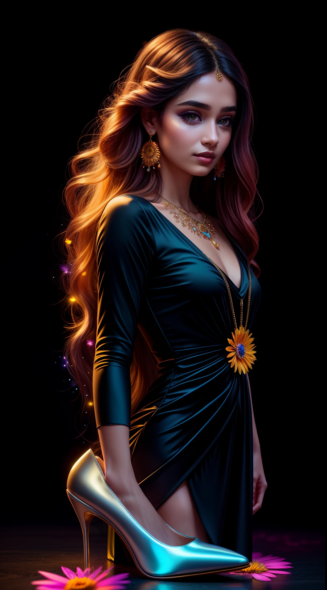 (8k, RAW photo:1.2),1 girl,(long hair:1.31),earrings, hair rings, necklace, cinematic lighting, best quality, ultra high res, (photorealistic:1.3), POV ,(solo:1.1), (looking at viewer:1.331),(parted lips:1.1), (eyelashes:1.1), (happy:1.21), (depth of field:1.1), lens flare, (chromatic aberration:1.1), (caustics:1.1), (scattered luminous petals:1.331), 25 year old indian girl, indian face, beautiful body, beautiful face, (((dream asymmetric dress))), (((full body))), ((high heels))