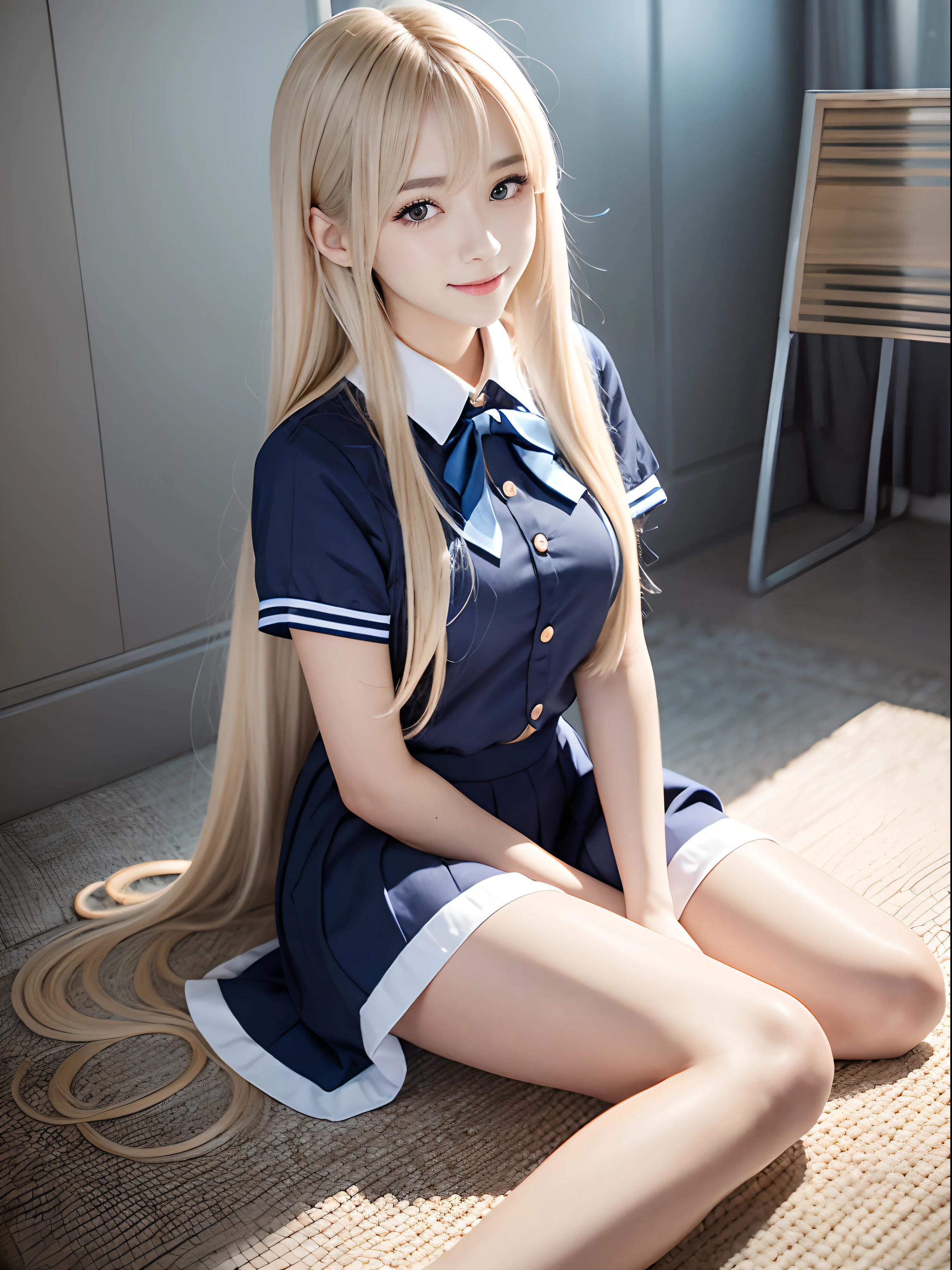 Realistic, Photorealistic: 1.37, Masterpiece, Colorful, Fine Detail, Big, Beautiful Skin, Fair Skin, One Woman, (20 Years Old Beautiful Korean Woman: 1.1), (KPOP Idol, Mixed), (Caucasian and Mixed), (Western Look), Ultra High Definition, (8k, RAW Photo, Best Quality, Masterpiece: 1.2), Big Bust, (Realistic Nipples)), Attractive Blue Eyes, ( 50mm Sigma f/1.4 Zeiss lens, f1.2, 1/800s, ISO 100, Photo: 1.1), (Ponytail + Blonde: 1.2), (Realistic), Bokeh, Sharp, (Photorealistic), Live Action Photography, Solo, Top Quality, Very Beautiful Face, Very Beautiful Eyes, Beautiful Detailed Eyes, Floating Hair, ((School Uniform)), Open Shirt Blouse, very short miniskirt, pleated skirt, white panties, no pantyhose, thin, super beautiful legs, tall, beautiful legs, (((thigh gap + panties)), (model: 1.2), smile from the front: 1.1, dynamic pose, open legs, (makeup: 1.2), arms behind, sitting and smiling