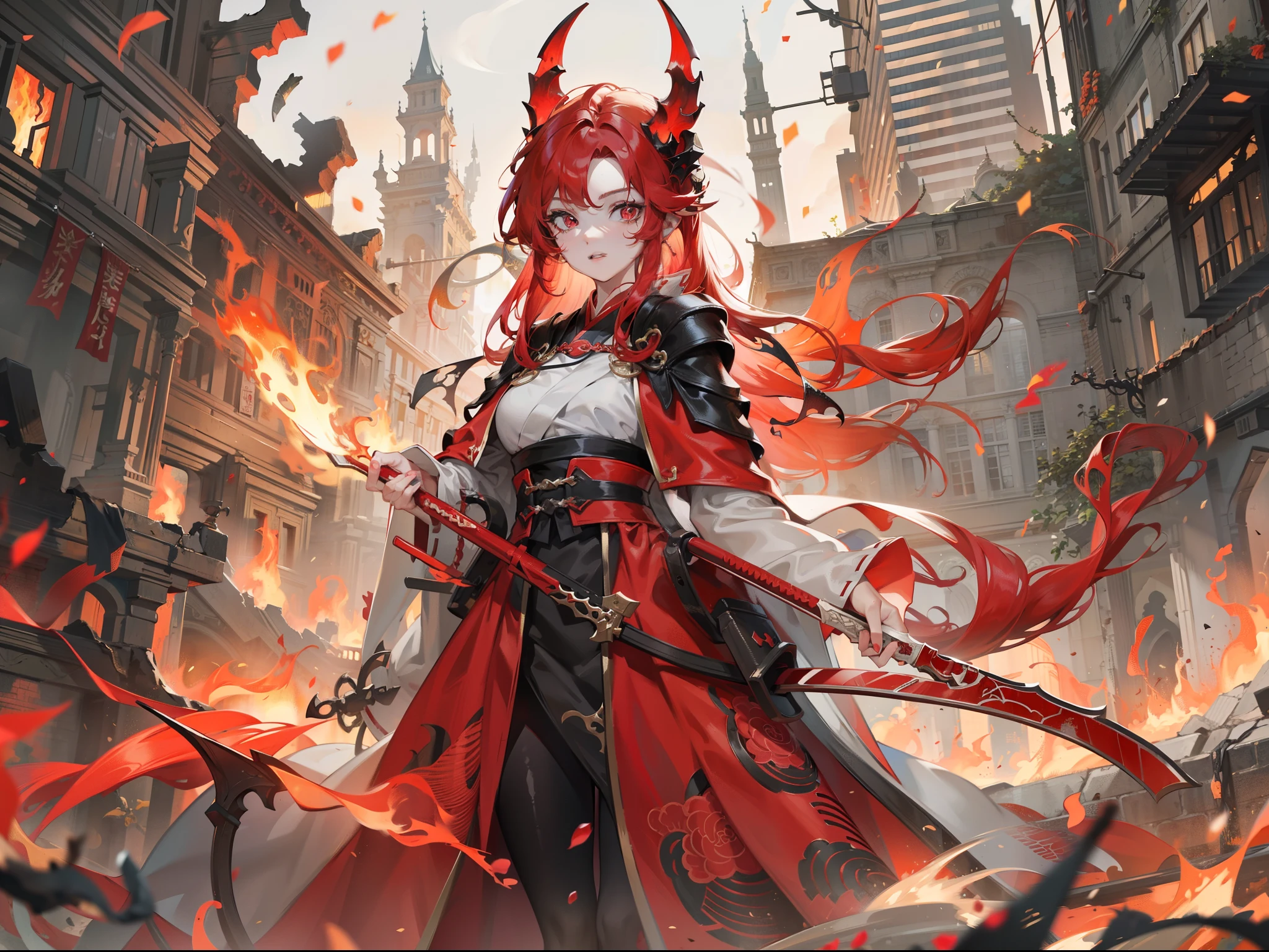 Red-haired beautiful girl,Wearing a burning black demon horn,Wearing a red and black cloak,Red-edged Hanfu on a white background,Surrounded by fire,Each hand held a huge red sword that burned,Stand in the middle of a city burned to ruins