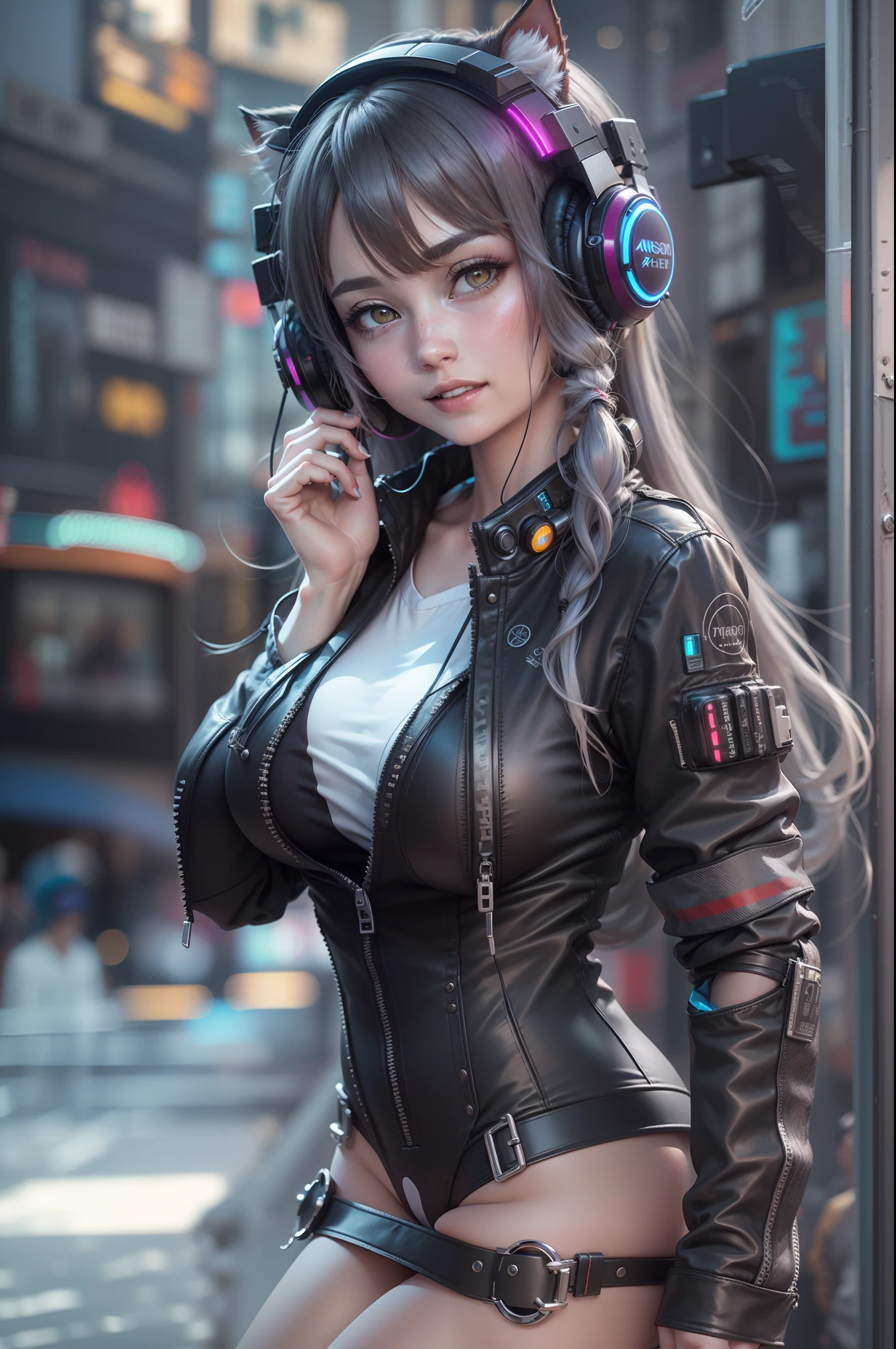 (RAW photo, best quality, masterpiece:1.2), (realistic, photo-realistic:1.4),(masterpiece:1.4),(best quality:1.4), ((sexy cyberpunk catgirl)) solo, :d, (headphones), bangs, blush, BDSM body harness, huge breasts, dynamic pose, cowboy shot, (((cyberpunk city streets background))), hair intakes, headphones, long hair, looking at viewer, sidelocks, smile, (((thigh gap))), thighs, twintails, very long hair, white hair,alice \(nikke\),(shiny skin),realistic.