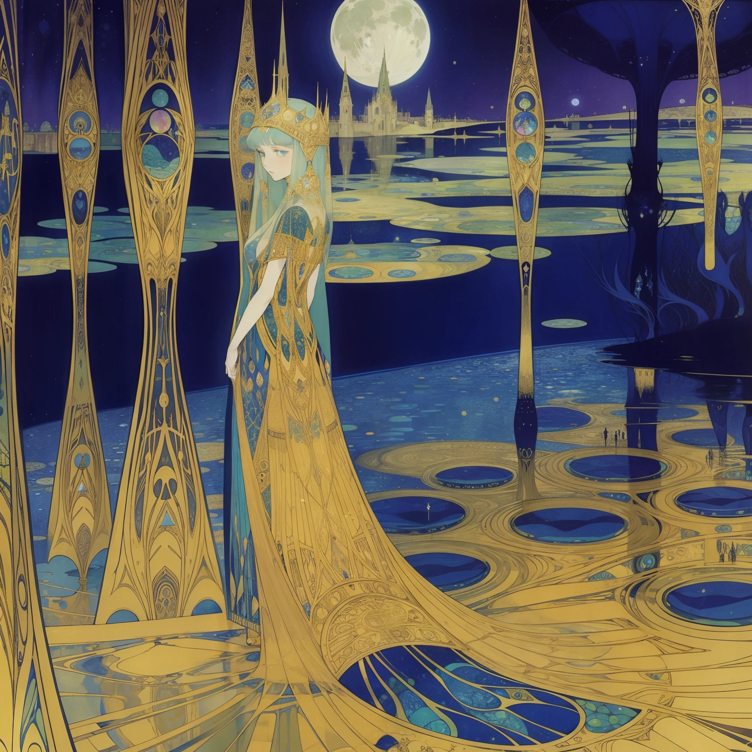 Klimt　Frank Pape, Harry Clarke, kay Nielsen, animesque　surreal　wondrous　strange　Whimsical　absurderes　fanciful　Sci-Fi Fantasy　How to assemble the moon　Near and far law　stereoscopic perspective