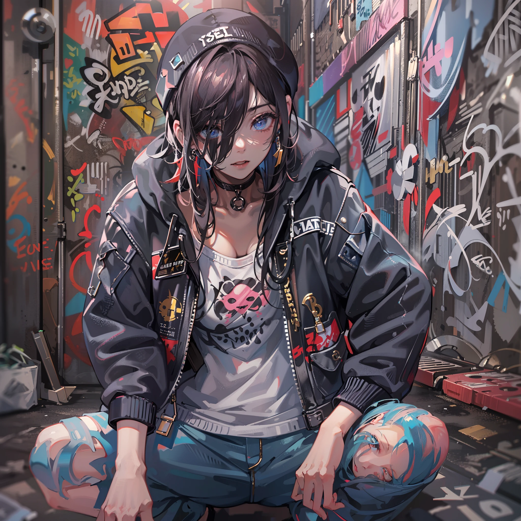 One Girl In A Back Alley、(Super Detail)、(8K)、((Hip Hop Fashion))、(Chewed tobacco)、(graffiti wall)、(full body Esbian)、(hyperdetailed face)、(Cool Face)、(crouching down)