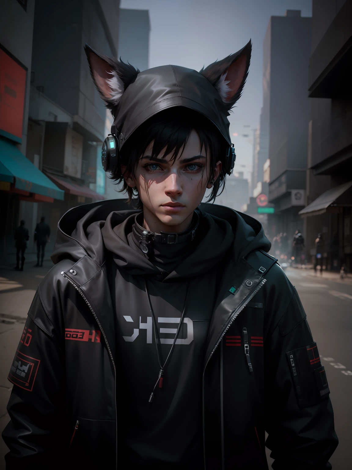 Change background cyberpunk hundshom boy realstic face 8k ultra realstic