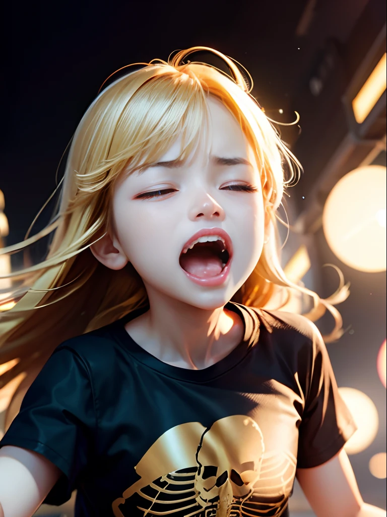 Golden、1girl in ( Screaming),Reaching the climax:1.0,Close eyes, short-cut、masutepiece、Bottoms are randomly generated、( Skeleton illustration printed shirt )、Background bokeh:1.5