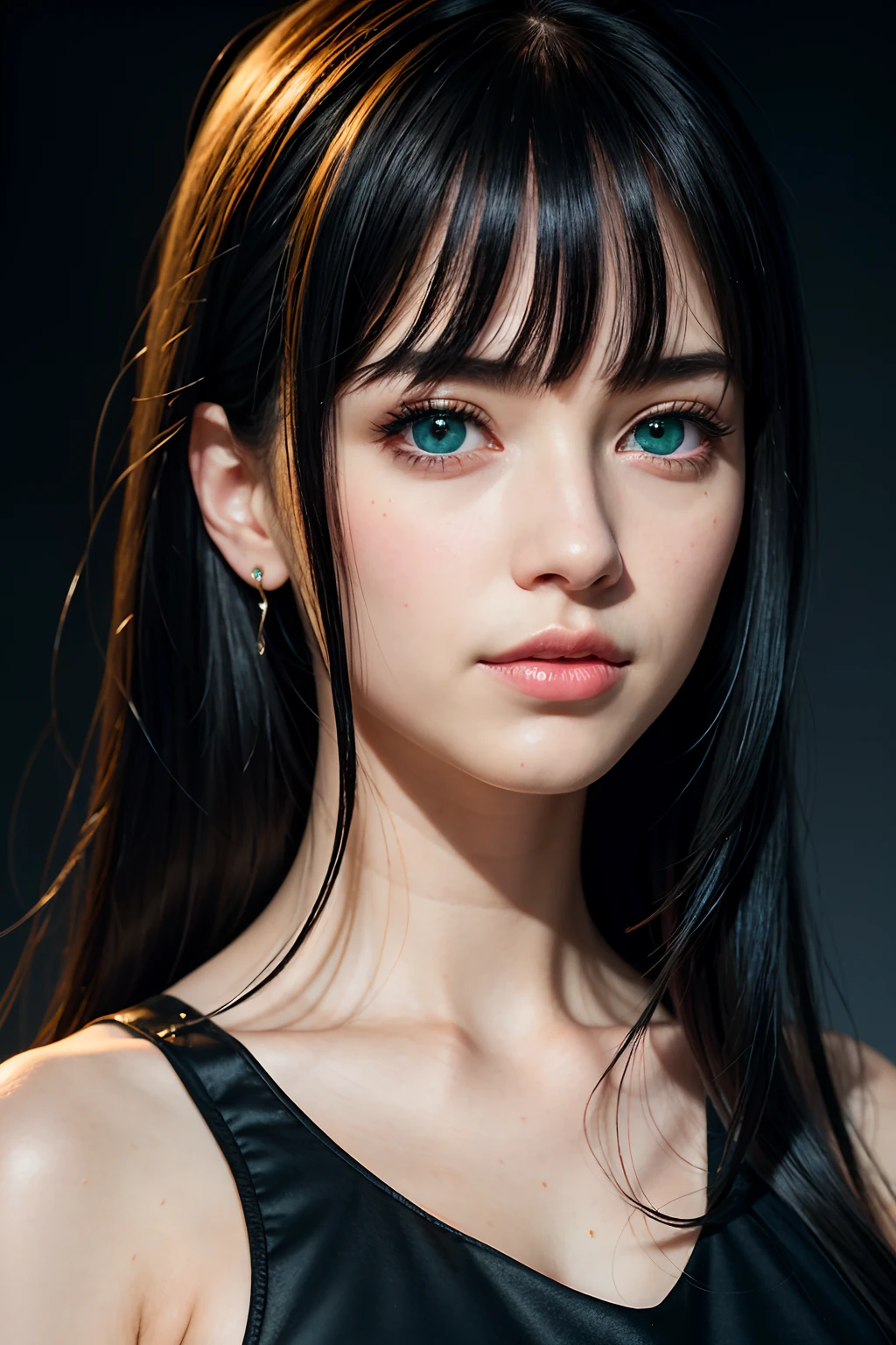 RAW photo, face portrait photo of beautiful young female with long sleek black hair with bangs ((flat bangs)), green eyes, 18ish girl, beautiful face, wearing black dress, smile face, closed mouth, not looking at viewer, hard shadows, cinematic shot, dramatic lighting.(Ultra Realistic), (Illustration), (Increased Resolution), (8K), (Extremely Detailed), (Best Illustration), (Beautiful and Detailed Eyes), (Best Quality), (Ultra Detailed), (Masterpiece ), ( wallpaper), (detailed face), solo, 1 girl, mature, age 25,looking at viewer, fine details, detailed face, in the dark, deep shadows, low key, pureerosfaceace_v1, smiling, long hair, black and white, shawl straight hair , 46 points oblique bangs, masterpiece, best quality, 35mm, 8k, absurdres, beautiful girl, (upper body, dark grey background:1.4), (black classical dress, black hair:1.6), slender, dark studio, rim lighting, ultra realistic, highres, photography, film grain, chromatic aberration, depth of field, sharp focus, HDR, facelight, dynamic lighting, cinematic lighting, professional shadow, dark shadow, highest detailed, extreme detailed, ultra detailed, finely detail, real skin, delicate facial features, detailed face and eyes, sharp pupils, realistic pupils, long black hair with bangs, black hair top, white hair undercolor, Split Hair Two Tone , Split Hair Two Tone black and white color hair,black hair, white hair, mix hair color,green eyes, white hair  emerald eyes. white hair, platinum hair color, green eye, green pupil.