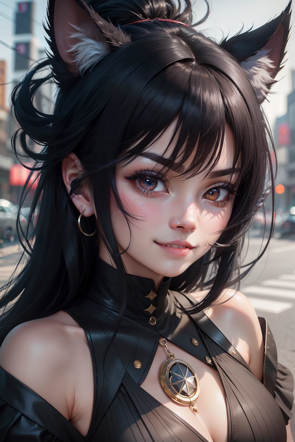 black hair, hair bobbles, wince, longeyelashes, solid circle eyes, fake animal ears, light smile, ear blush, fang, Surrealism, drop shadow, anaglyph, stereogram, tachi-e, pov, atmospheric perspective, 8k, super detail, ccurate, best quality