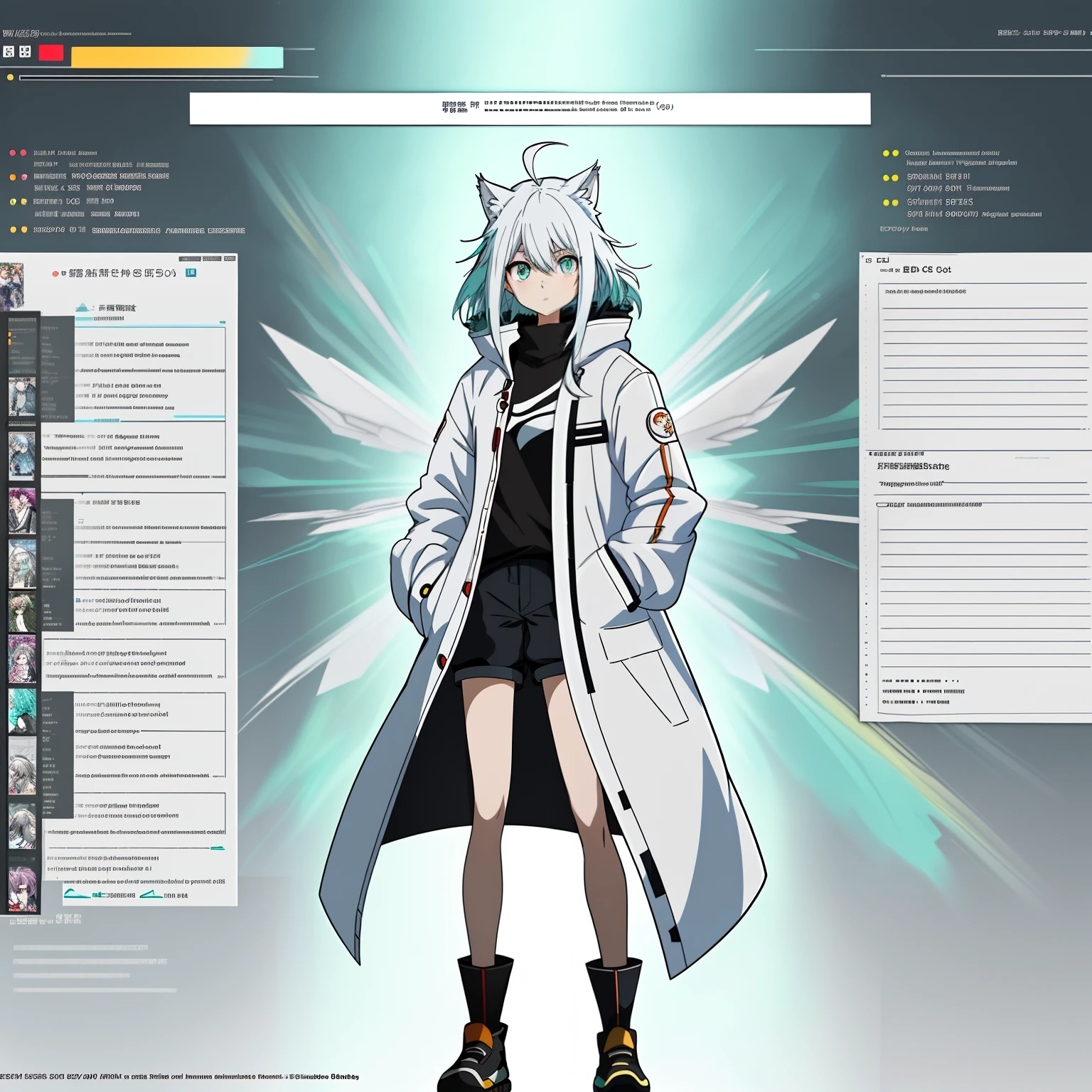 white hair, straight hair, ahoge, aqua eyes, cat ears, White coat, Black shorts, standing, bare-legged, solo, full bodyesbian, Transparent diagram, Hands in your pockets, nothing background, anime, anime style, character chart, masterpiece, best quality, highres, high details, anatomically correct, ccurate, UHD