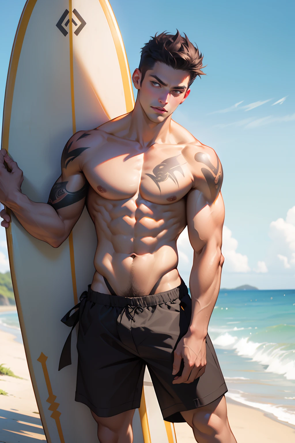 Masterpiece, Best quality, face, Natural eyes, 1人, Solo, , White socks, full bodyesbian, large bulge, Long legs, view the viewer, Brave,(Tattooed with), Flower arms,Tattoo on the top of the pectoral muscle,musculous,Raised sexy,mature, short detailed hair, Red eyes, Topless, Shirtless, Open chest, Eight-pack abs, Sexy,(Masterpiece, Best quality), 1人, musculous, short detailed hair, with brown eye, 复杂, (dress room), full bodyesbian, vivd colour,(depth of fields:1.2),(Abs),looking at viewert,Surf in the ocean with a surfboard,malefocus,Bulging crotch,Crotch bulge,Briefs,Muscle men,Thriller blockbusters,UHD resolution,Top quality,