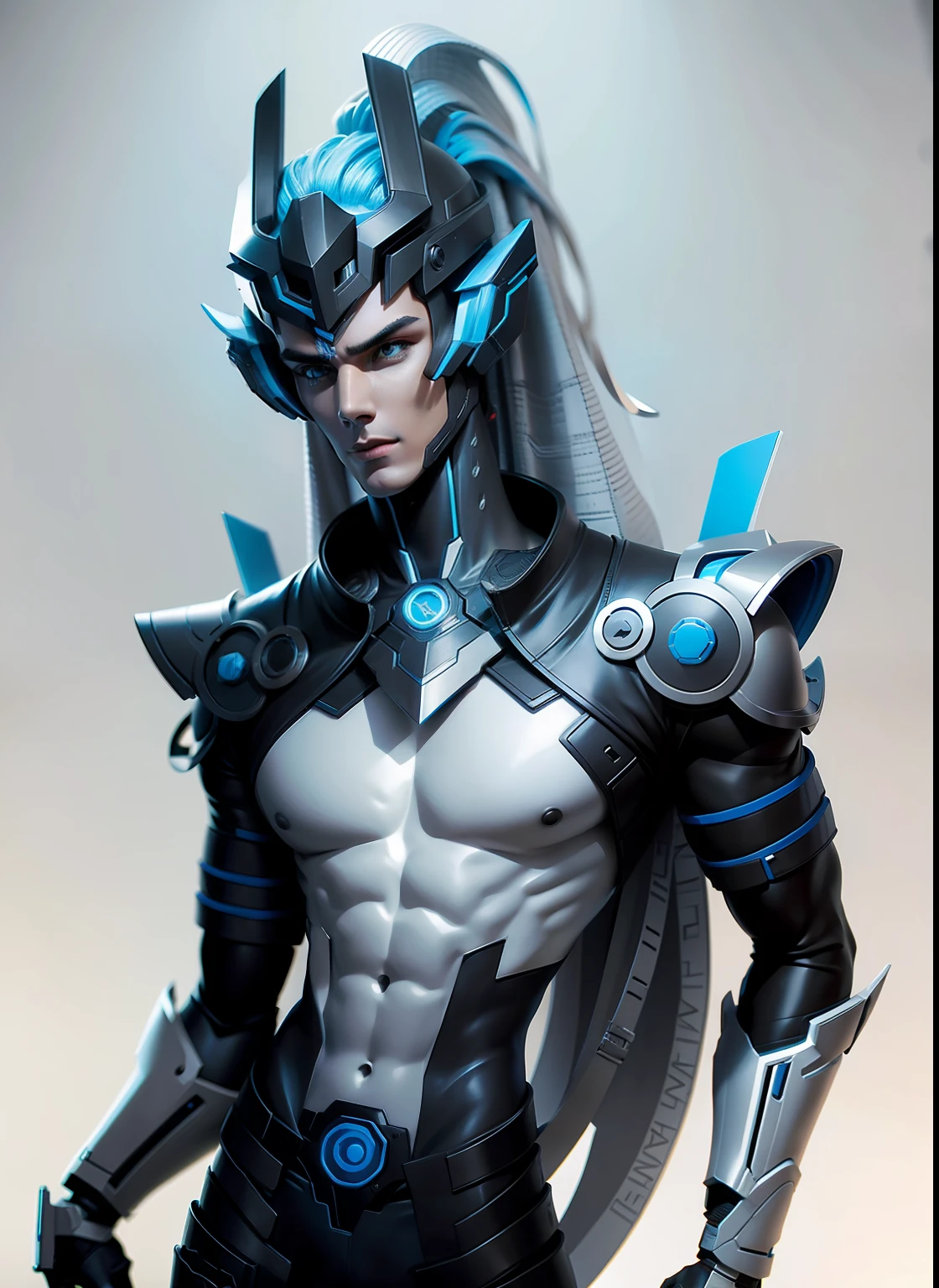 Sculptural model design,Escultura,male people,Handsome,Future tech wind,cyber punk perssonage,musculous,black and grey,blue colors(Blank background)