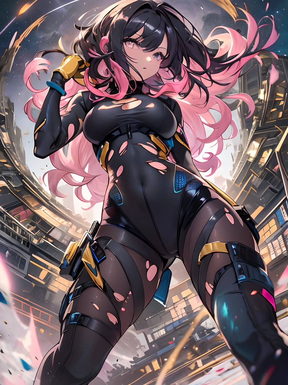 (((Masterpiece))), absurdres, illustation, ultra detailed, (1girl:1.3), golden ratio, panorama, full body, super dynamic image, super beautiful and vibrant colors, girl with a battle look, super beautiful girl with super beautiful hair and super beautiful shiny eyes with beautiful patterns, perfect body, very delicate and sexy body, space between legs, wearing a super tight torn black body suit, and pink gloves and pink boots over the black body suit, sorrounded by beautiful rings of powers generated by her with her hair going up because of the wind generated by her powers and the ground getting destroyed with pieces of the same ground flying around, super detailed scenery