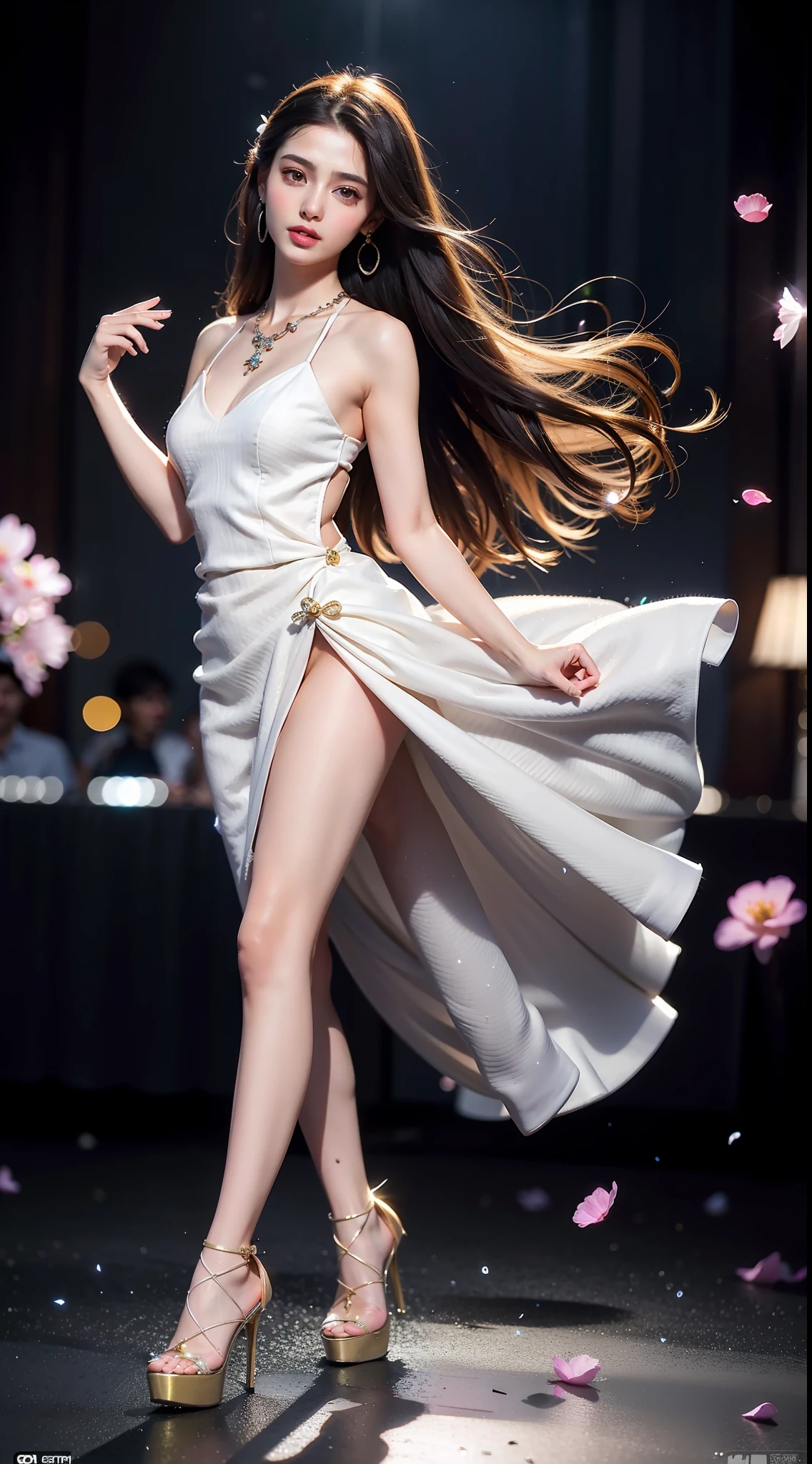(8k, RAW photo:1.2),1 girl,(long hair:1.31),earrings, hair rings, necklace, cinematic lighting, best quality, ultra high res, (photorealistic:1.3), POV ,(solo:1.1), (looking at viewer:1.331),(parted lips:1.1), (eyelashes:1.1), (happy:1.21), (depth of field:1.1), lens flare, (chromatic aberration:1.1), (caustics:1.1), (scattered luminous petals:1.331), 25 year old indian girl, indian face, beautiful body, beautiful face, (((dream asymmetric dress))), (((full body))), ((high heels))