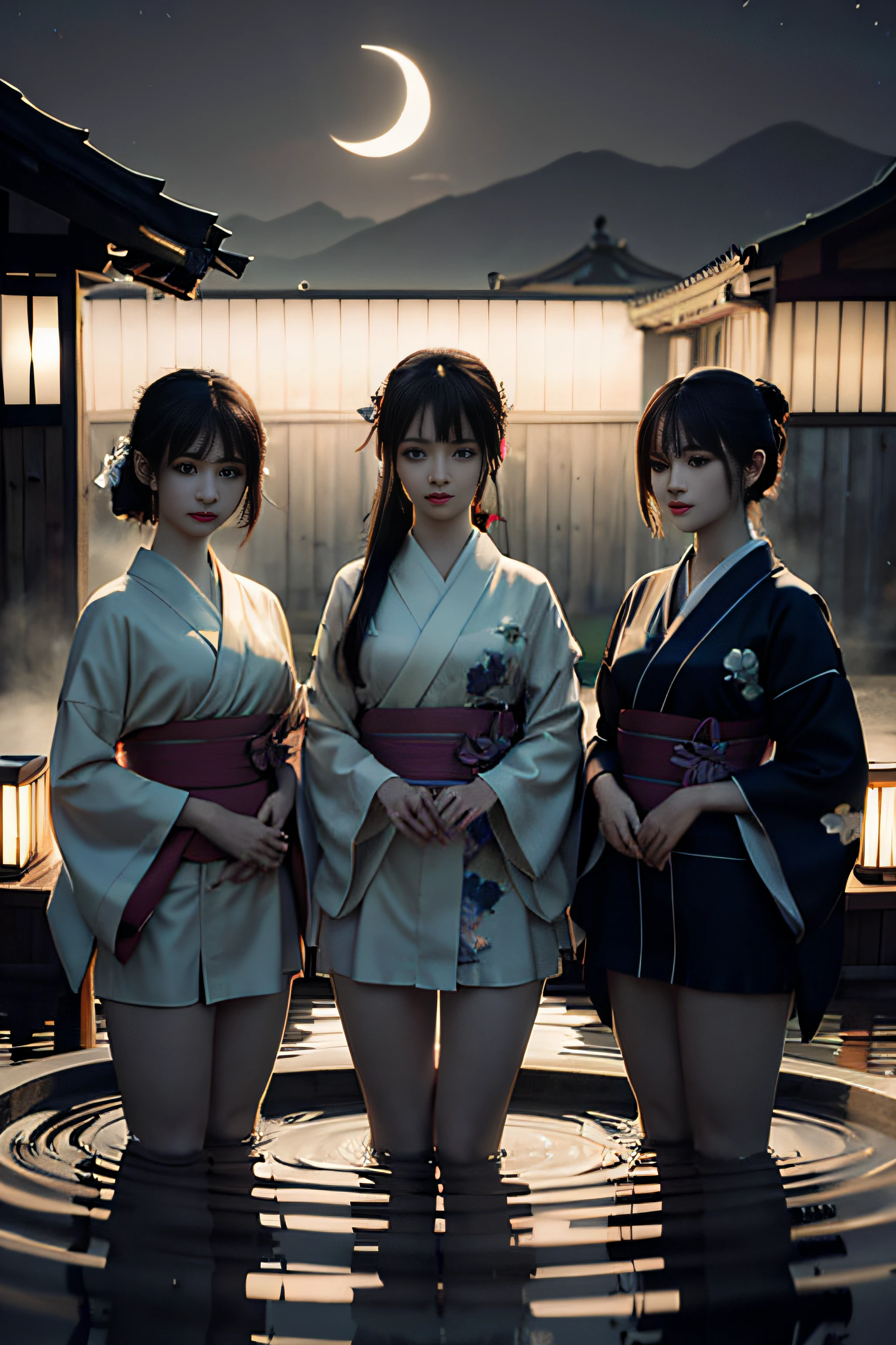 Three women in kimono standing in a pool of water, artwork in the style of guweiz, japonisme 3 d 8 k ultra detailed, porter des robes simples, cinematic. par leng jun, Porter un kimono, en kimono, Guweiz sur ArtStation Pixiv, en kimono, Japon. volumeric lighting. The three faces are hidden by veils matching the colors of the kimono.