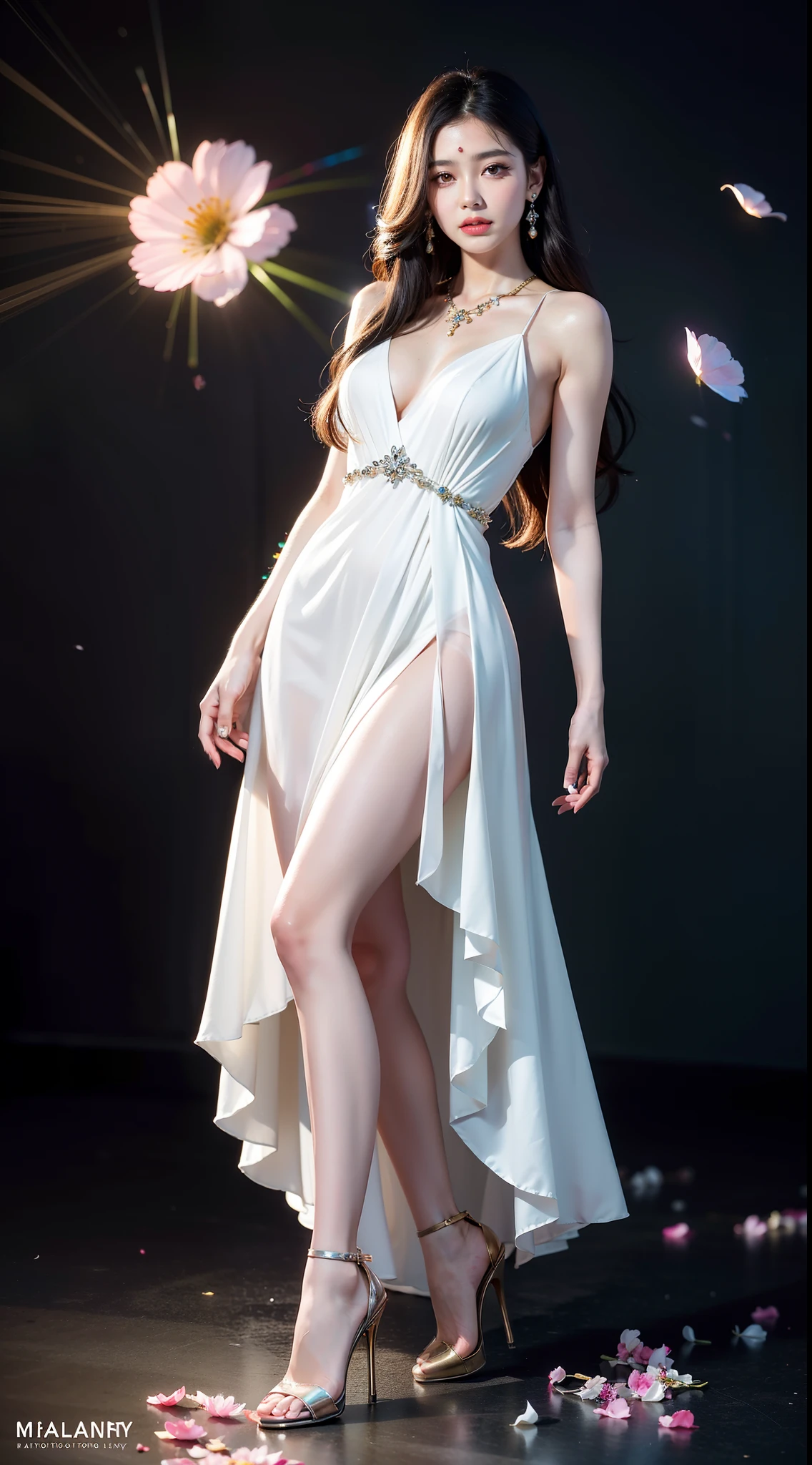(8k, RAW photo:1.2),1 girl,(long hair:1.31),earrings, hair rings, necklace, cinematic lighting, best quality, ultra high res, (photorealistic:1.3), POV ,(solo:1.1), (looking at viewer:1.331),(parted lips:1.1), (eyelashes:1.1), (happy:1.21), (depth of field:1.1), lens flare, (chromatic aberration:1.1), (caustics:1.1), (scattered luminous petals:1.331), 25 year old indian girl, indian face, beautiful body, beautiful face, (((dream asymmetric dress))), (((full body))), ((high heels))