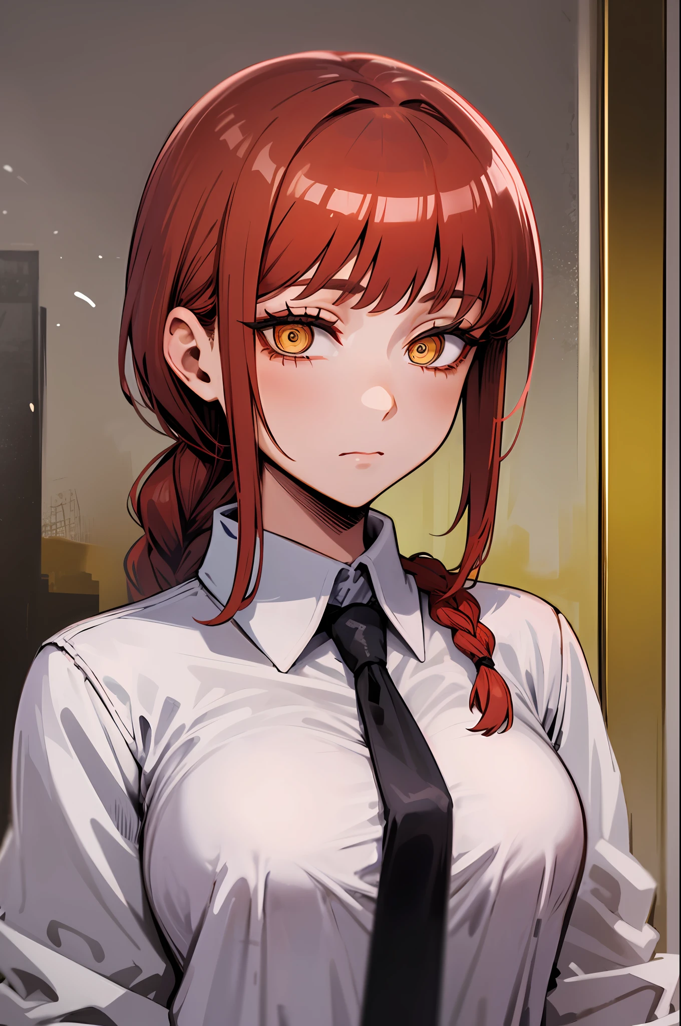 (tmasterpiece, beste-Qualit:1.2), 独奏, a 1girl, makima, expressionless, closed mouth, looking a viewer, redhead hair, braided ponytail, ringed eyes, formal, a lot of sperm, sperm, shirt with collar, black necktie, wide thighs