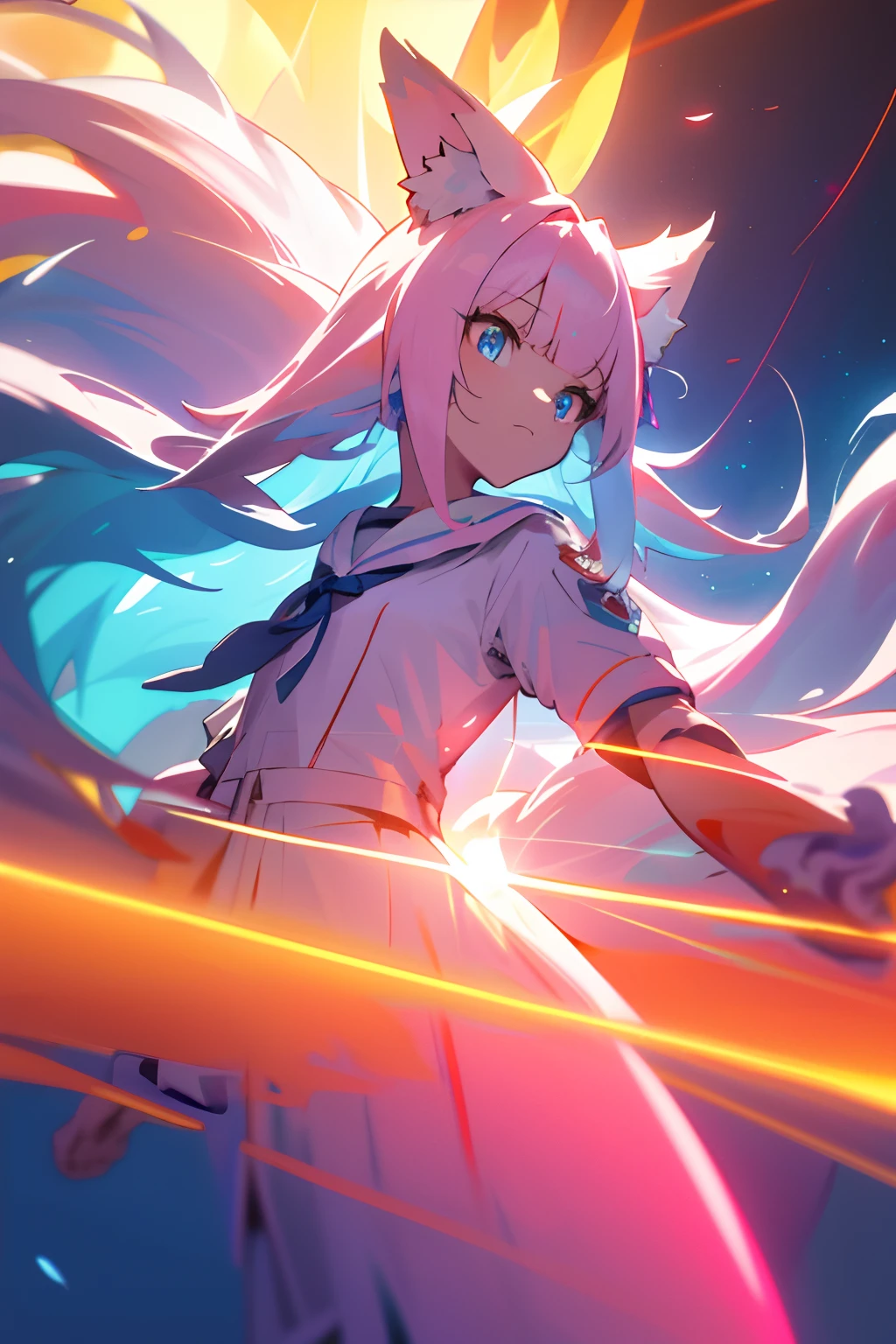 High frame rate,Masterpiece,Best quality,offcial art,Extremely detailed Cg Unity 8K wallpaper, 1girl solo, cute female child, Pink Long Hair,fox ear,fox tails,Blue pupil,blue color eyes,The pupils glow,Pink and white sailor suits,Surrounded by light,Look directly at the screen,serious-expression