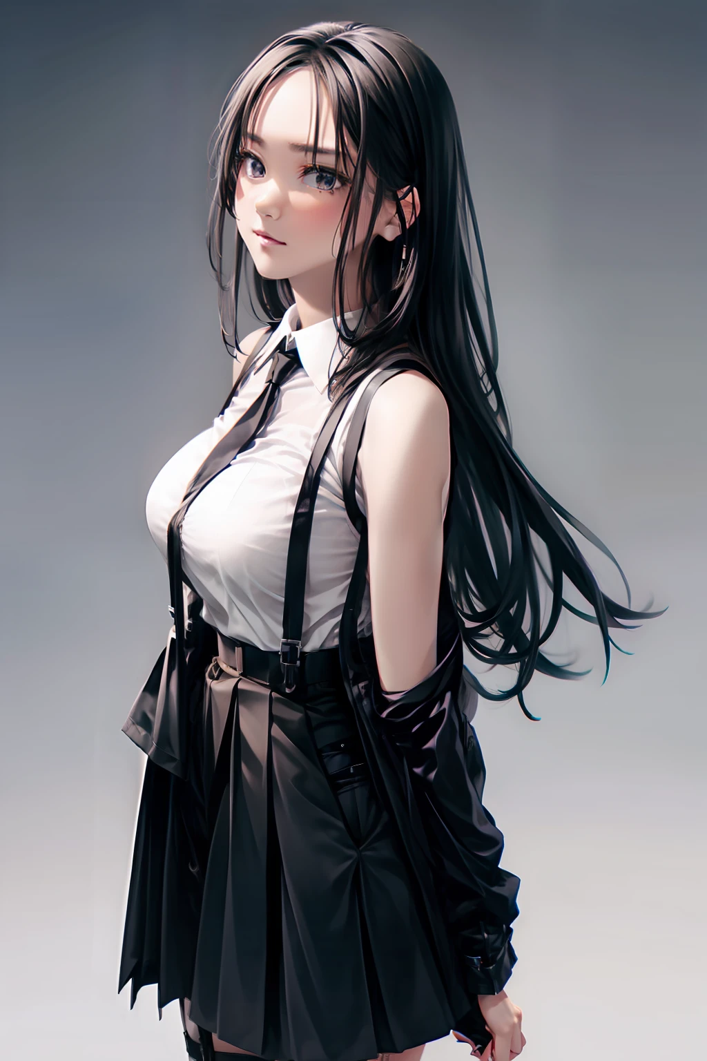a black skirt, neck tie, Tank tops suspenders, Long Black Hair, Gray eyes, holster, Garter belt on the legs, , Big breasts, Pichi Pichi clothes, both sides deadpan Behind