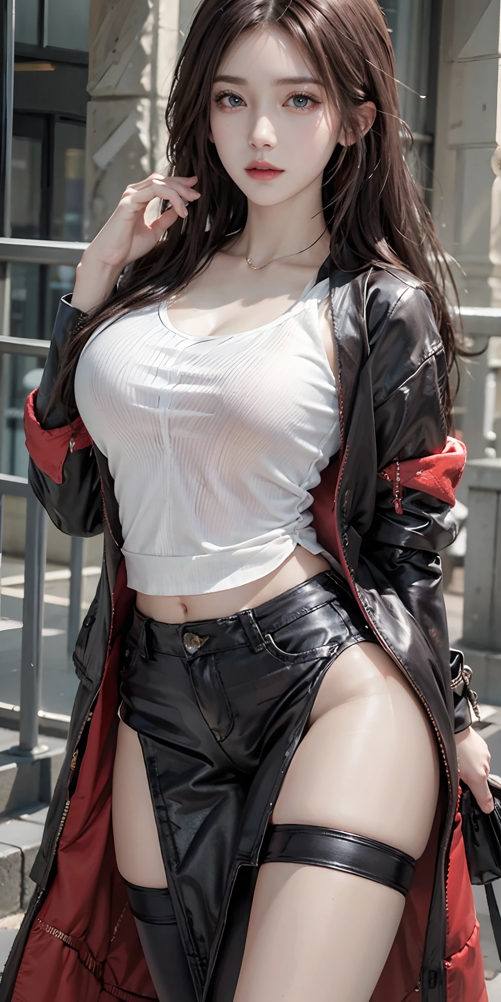 photorealistic, high resolution, soft light,1women, solo, hips up, shining skin, (detailed face),tattoo, jewelry, winter wear, coat