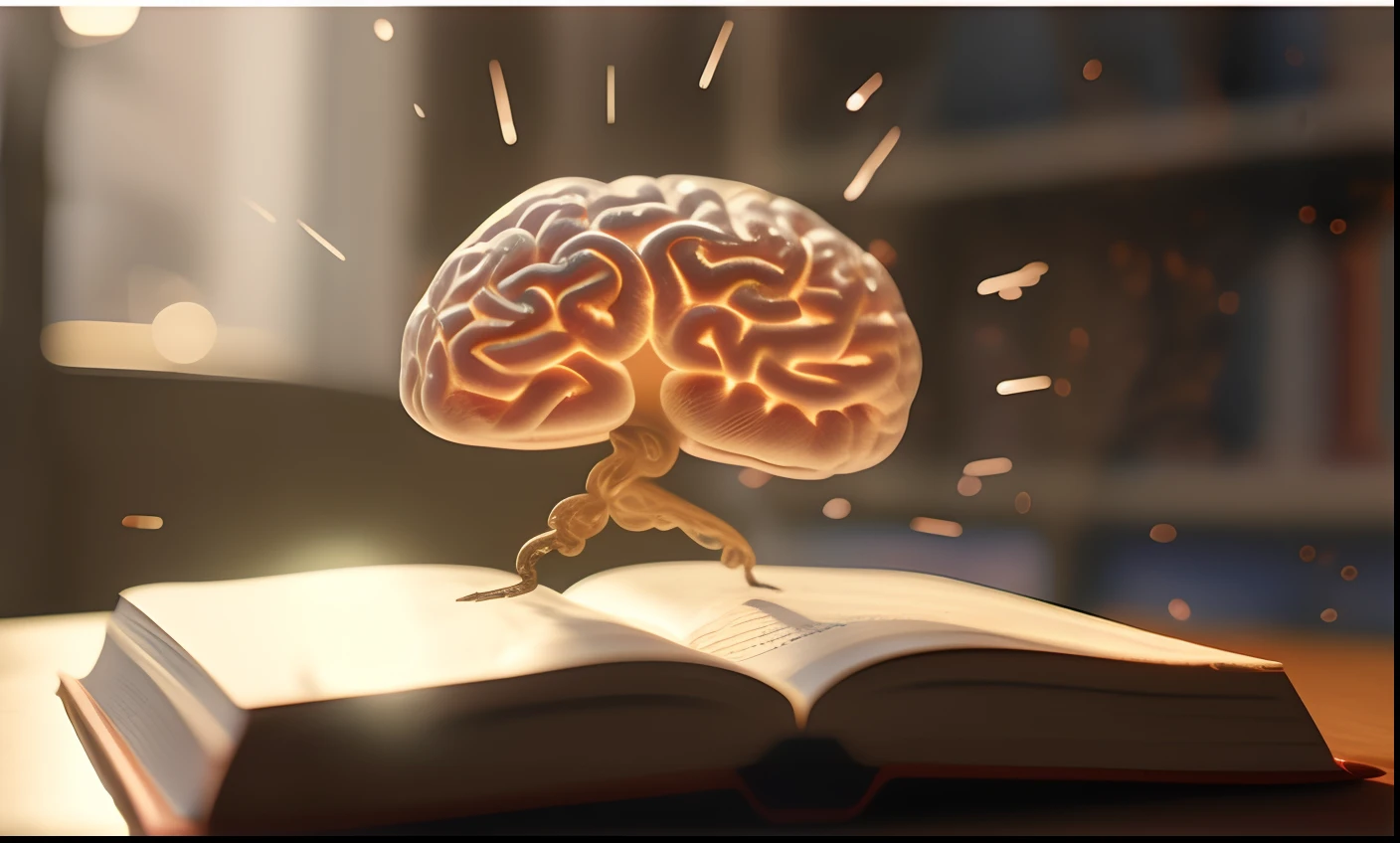 There's a book with a brain sitting at a table, conhecimento intenso, brain visible, featuring brains, neuroscience, Brains, estimulante nootropic, tomar drogas que alteram a mente, human brain, neurological marvel, brain in a vat, brain connected to computer, illustration!, alucinante, Golpe mental, accurate depiction, Simobolismo (alta qualidade: 1.1)