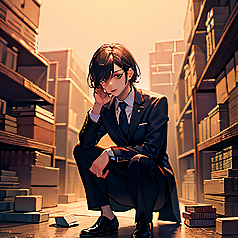 Anime boy in suit sitting on the floor of the city，Books are piled up, dark academia, By Yuumei, Dark academic aesthetics, 4k manga wallpapers, Also, high detal), From cryptid academia, by Yang J, light novel cover art, style of anime4 K, infinite celestial library, anime wallaper, 4K anime wallpaper, dark academia aesthetic
