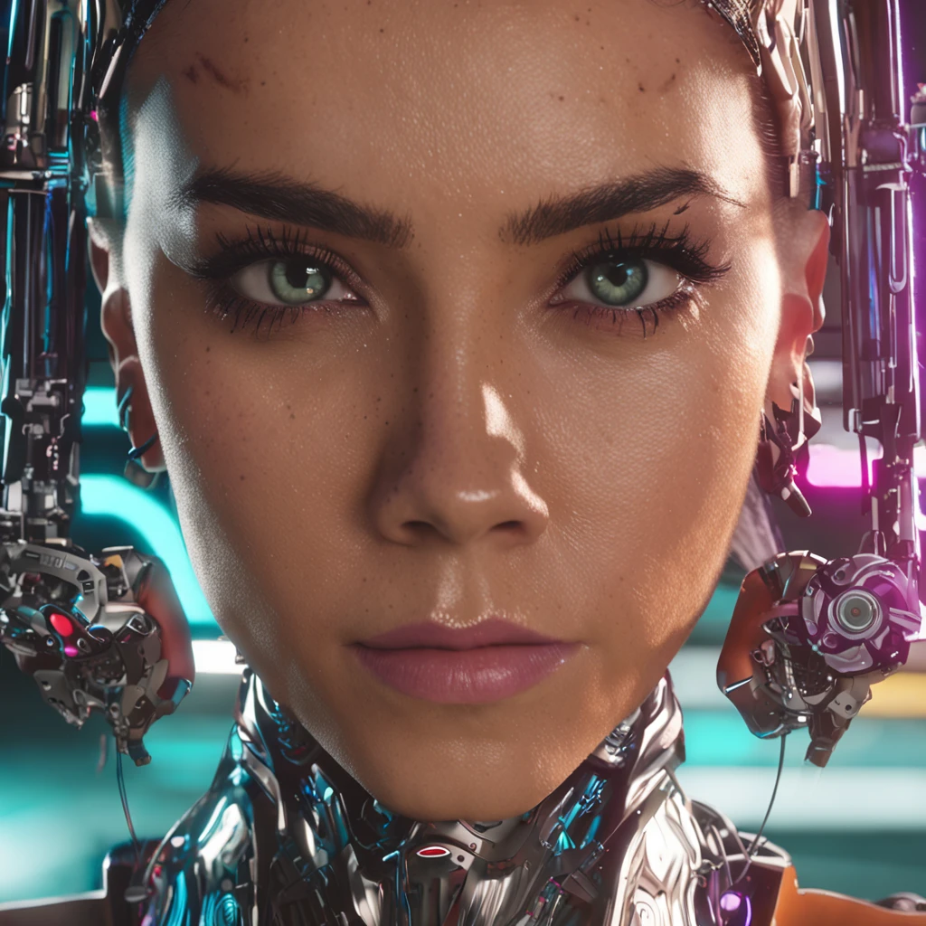 candid raw photo of biomechatronic chloe bennet, wearing romper, listeners, boots, collar, (1girl), multicolor hair, sharp eyeliner, (film grain), extremely delicate and beautiful, vibrant, ray-traced, caustics, 8k, 16k, 32k, 64k, soft lighting, high quality, highres, sharp focus, extremely detailed, beautiful detailed eyes, extremely detailed eyes and face, masterpiece, cinematic lighting, photon mapping, subsurface scattering, volumetric lighting, (high detailed skin:1.2), dslr, fujifilm xt3a.