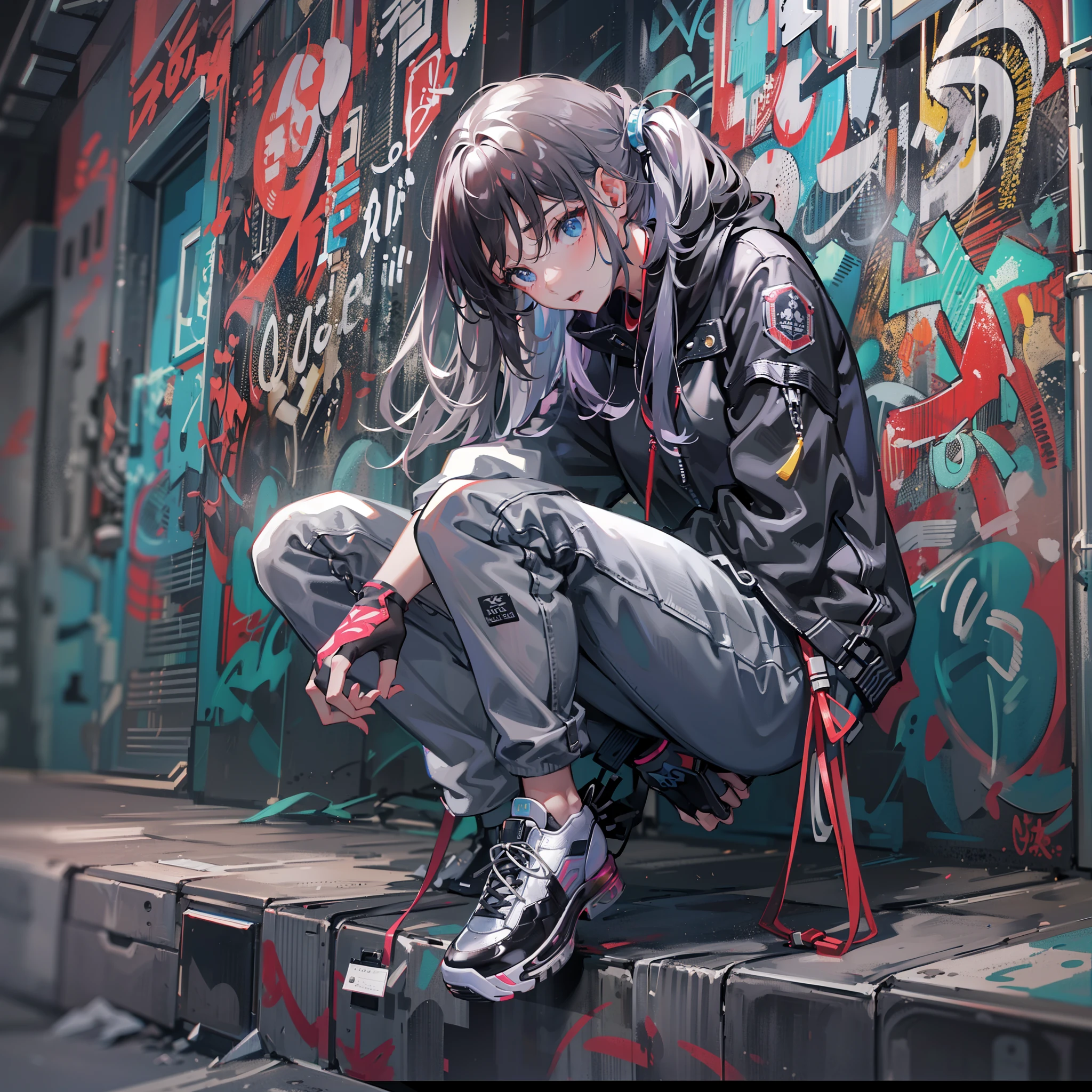 One Girl In A Back Alley、(Super Detail)、(8K)、((Hip Hop Fashion))、(graffiti wall)、(full body Esbian)、(hyperdetailed face)、(Cool Face)、(crouching down)