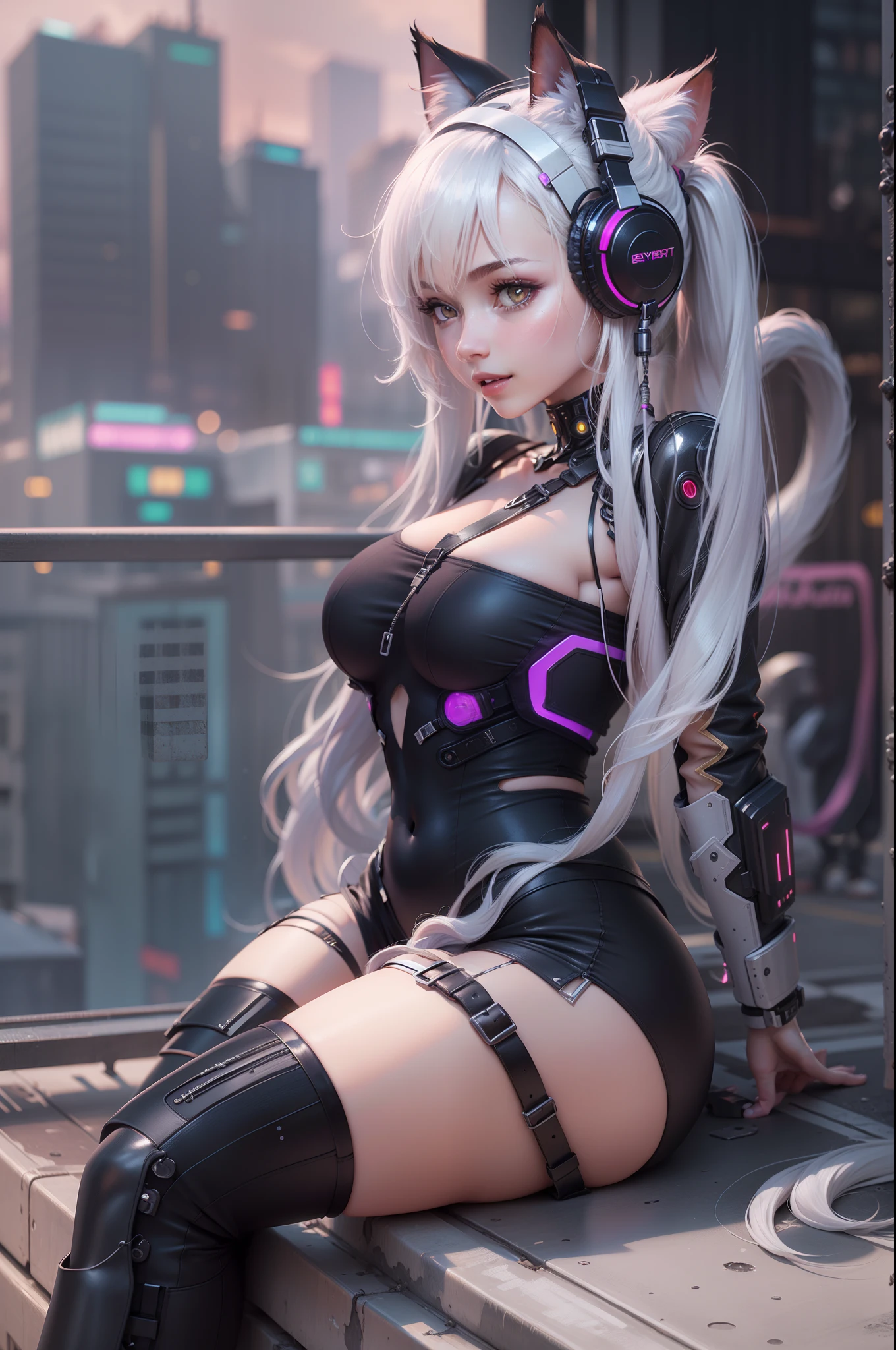 bikini neko girl cyberpunk, white hair and ears, white tail, hands behind back