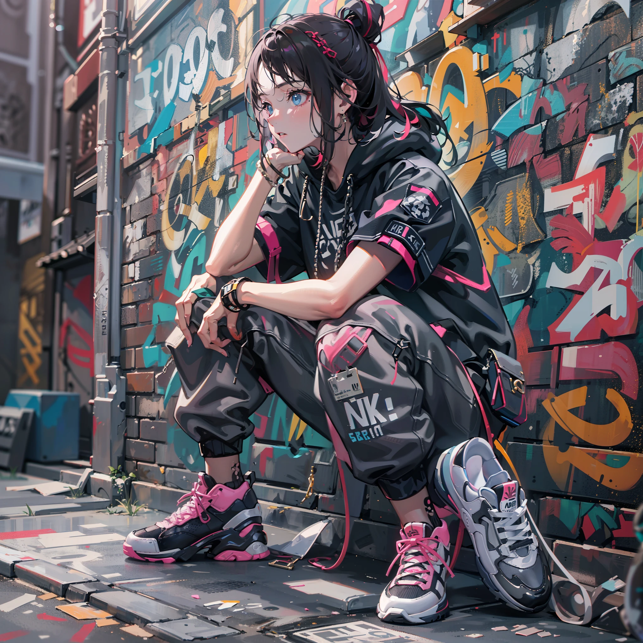 One girl in a back alley、(Super Detail)、(8K)、((Hip Hop Fashion))、(Cigarettes in the mouth)(Graffiti wall)、(full bodyesbian)、(hyperdetailed face)、(Cool Face)、(crouching down)