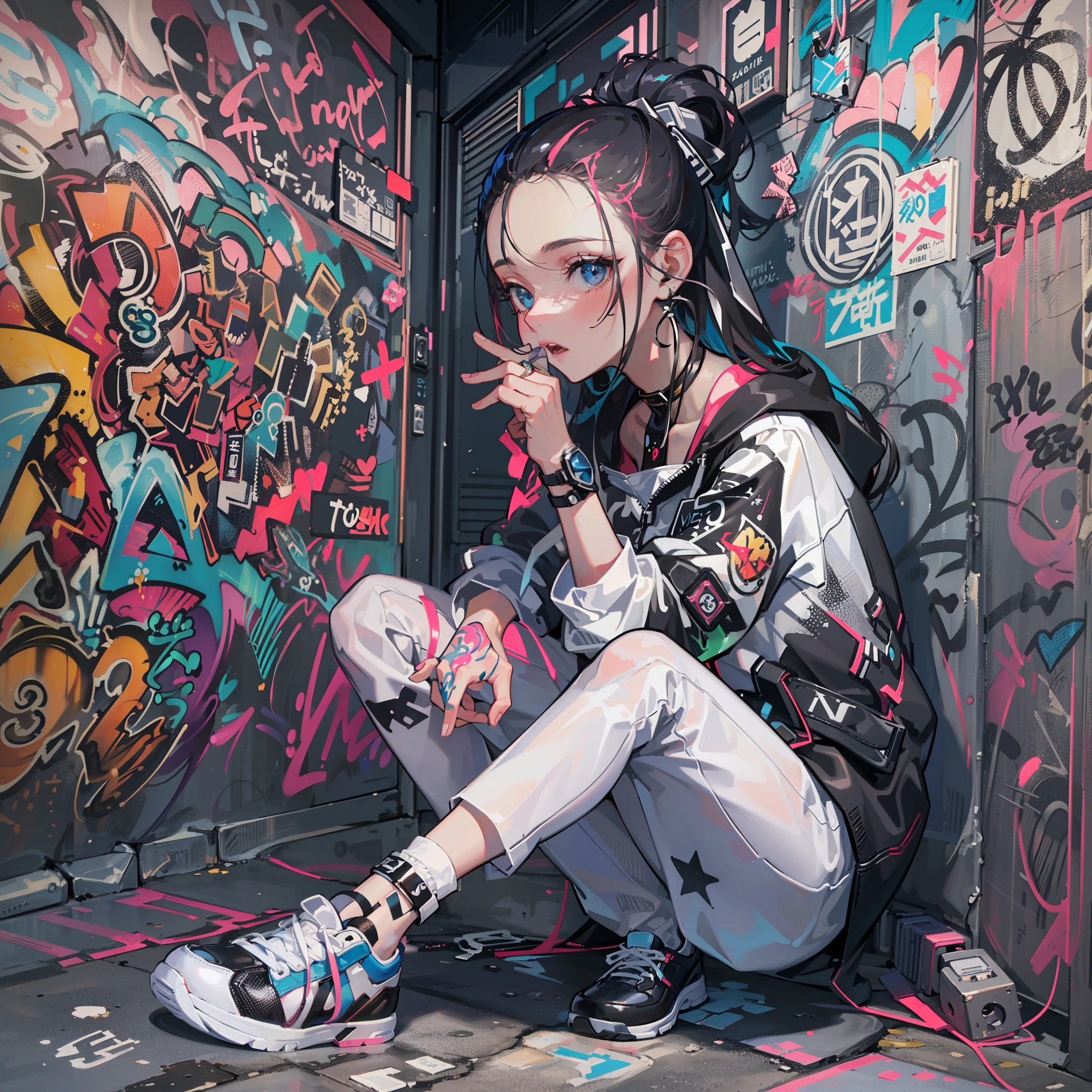One Girl In A Back Alley、(Super Detail)、(8K)、((Hip Hop Fashion))、(graffiti wall)、(full body Esbian)、(hyperdetailed face)、(Cool Face)、(crouching down)