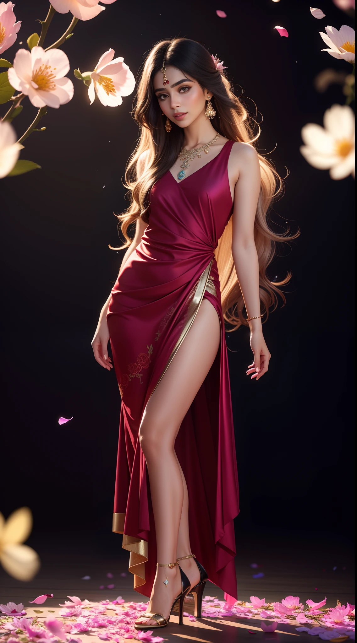 (8k, RAW photo:1.2),1 girl,(long hair:1.31),earrings, hair rings, necklace, cinematic lighting, best quality, ultra high res, (photorealistic:1.3), POV ,(solo:1.1), (looking at viewer:1.331),(parted lips:1.1), (eyelashes:1.1), (happy:1.21), (depth of field:1.1), lens flare, (chromatic aberration:1.1), (caustics:1.1), (scattered luminous petals:1.331), 25 year old indian girl, indian face, beautiful body, beautiful face, (((dream asymmetric dress))), (((full body))), ((high heels))