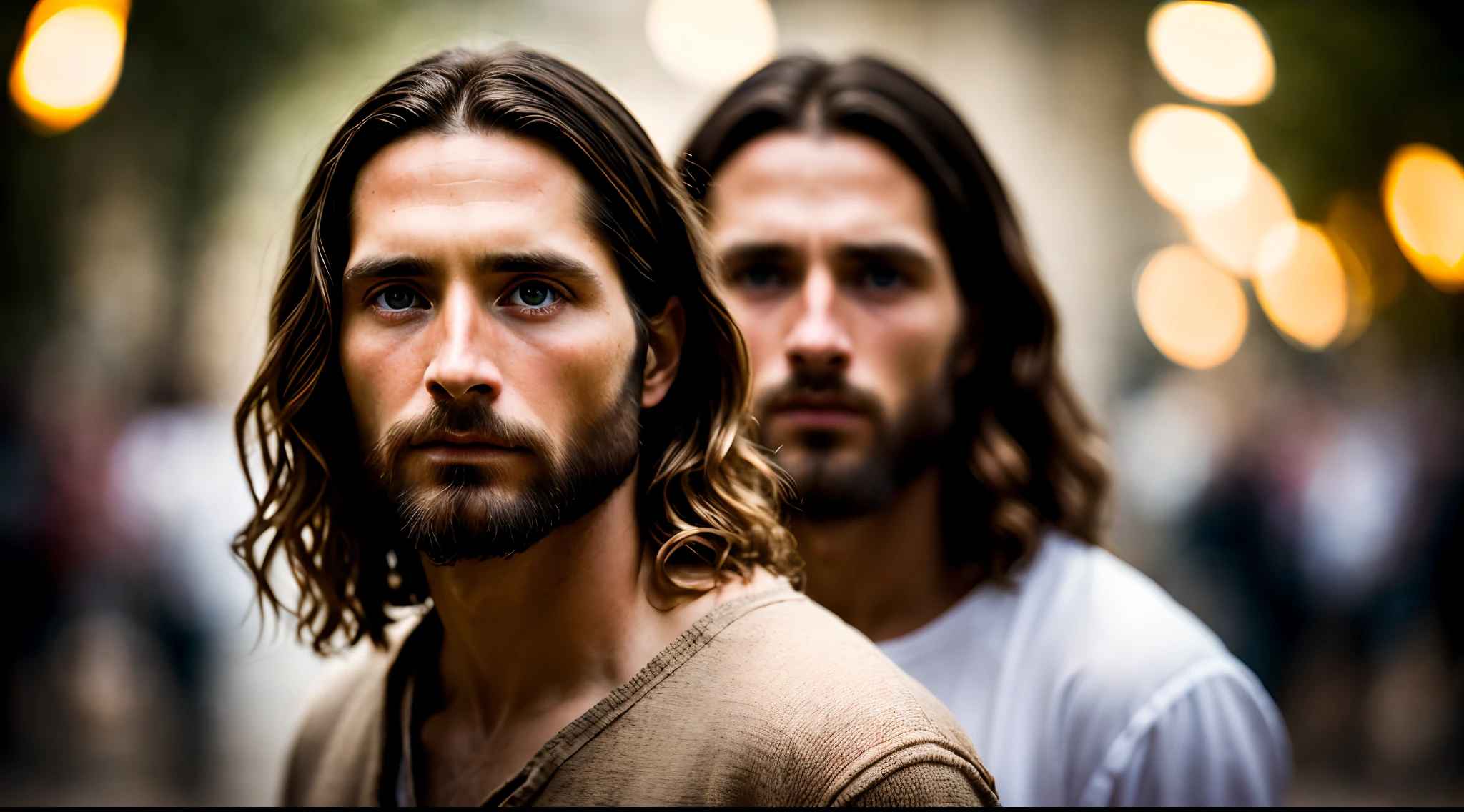 portrait of modern day Jesus, cinematic lighting, depth of field, bokeh, realism, photorealistic, hyperrealism, professional photography, uhd, dslr, hdr