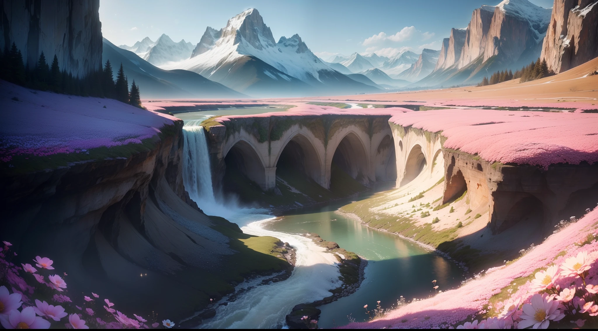 ((A sparkling stream flows from a cliff, Scenic nature, Delightful flowers, Mountains are visible in the background, superdetail, photorealestic))
