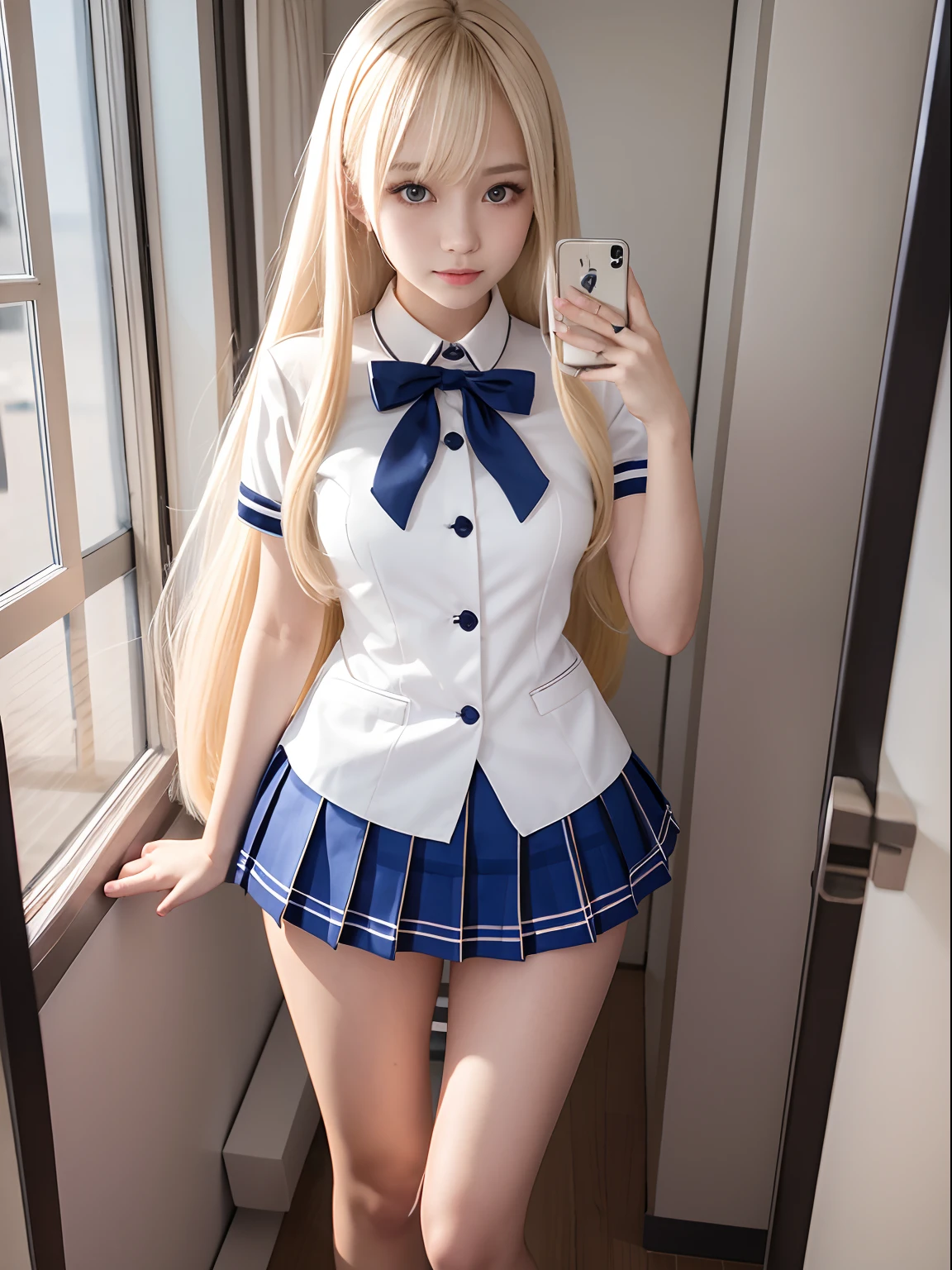 portlate、School Uniforms、bright expression、poneyTail、Young shiny shiny white shiny skin、Best Looks、Blonde reflected light、Platinum blonde hair with dazzling highlights、shiny light hair,、Super long silky straight hair、Beautiful bangs that shine、Glowing crystal clear attractive big blue eyes、Very beautiful nice cute girl、Lush bust、smil、full body seen、With slit、