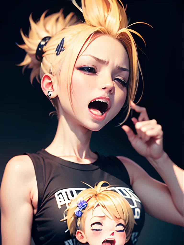 Blonde Mohawk、1girl in ( Screaming),Reaching the climax:1.0,Close eyes, short-cut、masutepiece、Bottoms are randomly generated、（ Skeleton illustration printed shirt ）、Background bokeh:1.5