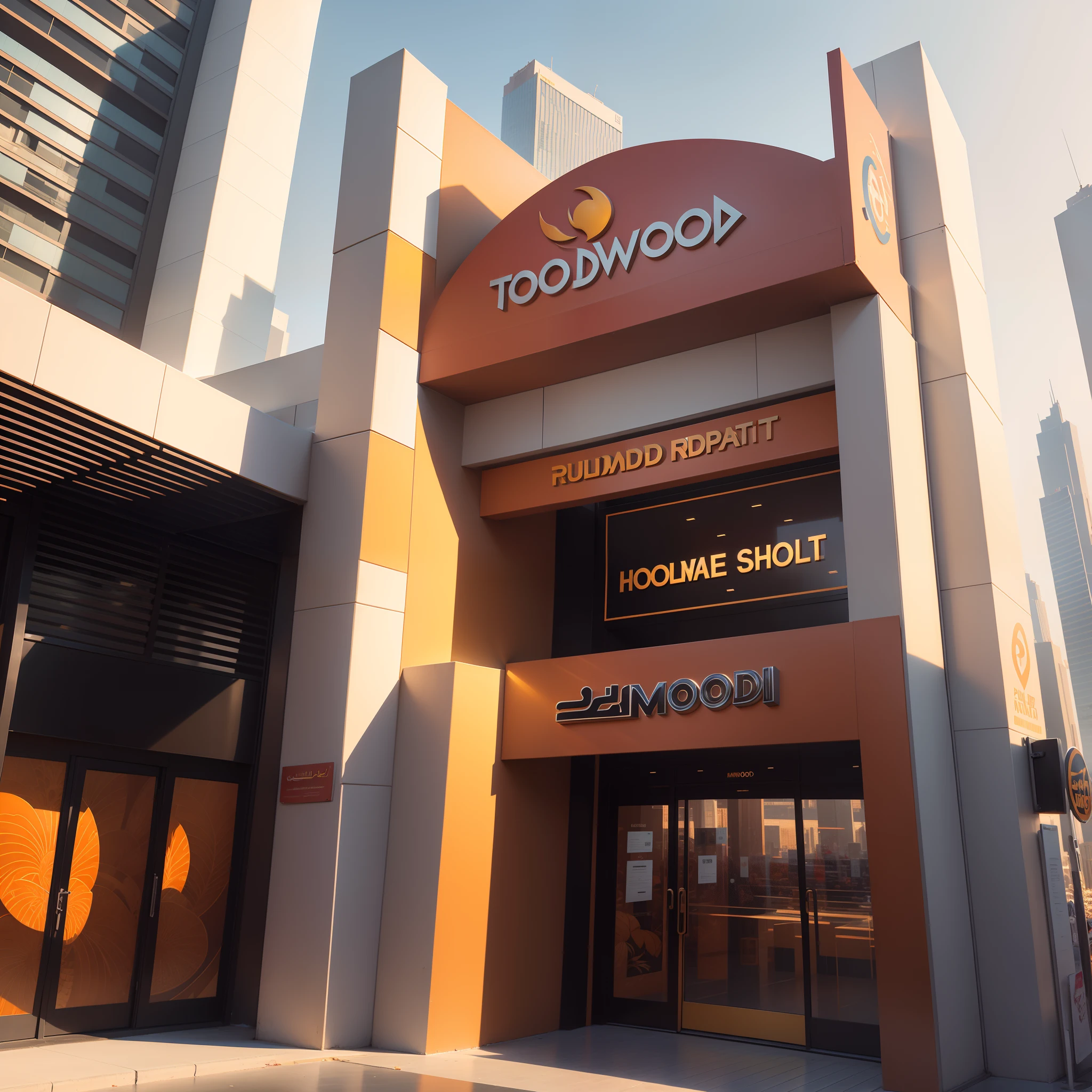 Generate a visually stunning and intricately detailed image of a spectacular store sign located in the vibrant city of Dubai, surrounded by thermowood and aluminum composite panels, featuring bold and glossy letters that shine brilliantly during a picturesque autumn sunset.