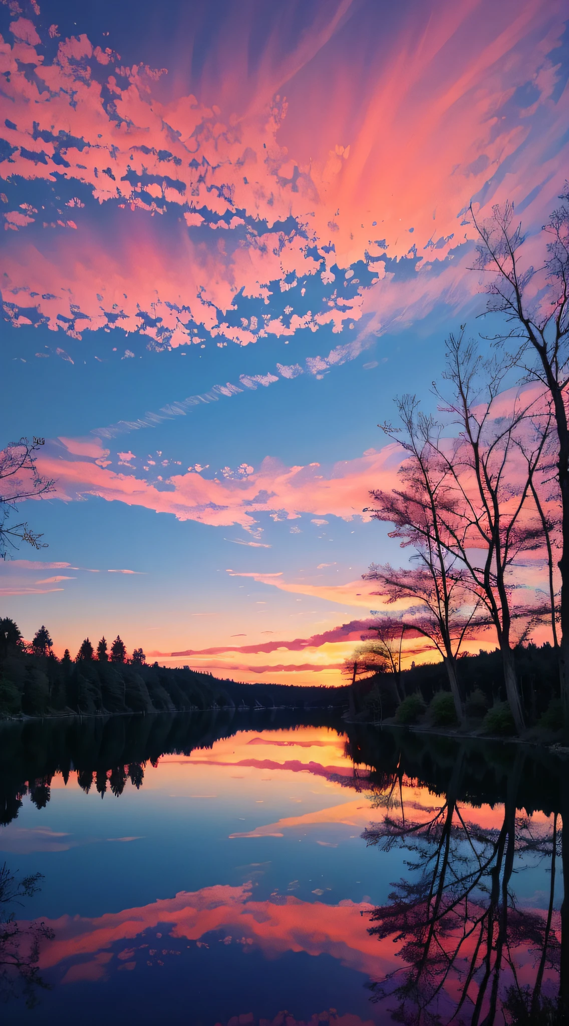 there is a beautiful sunset with a lake and trees in the background, colorful skies, surreal colors, colorful sunset, colorful sky, marvellous reflection of the sky, stunning sky, dream like atmosphere 8k, colorful clouds, colors reflecting on lake, surreal sky, red and blue reflections, fire reflection, beautiful sky, beautiful and spectacular dusk, beautiful dreamy landscape, amazing sky