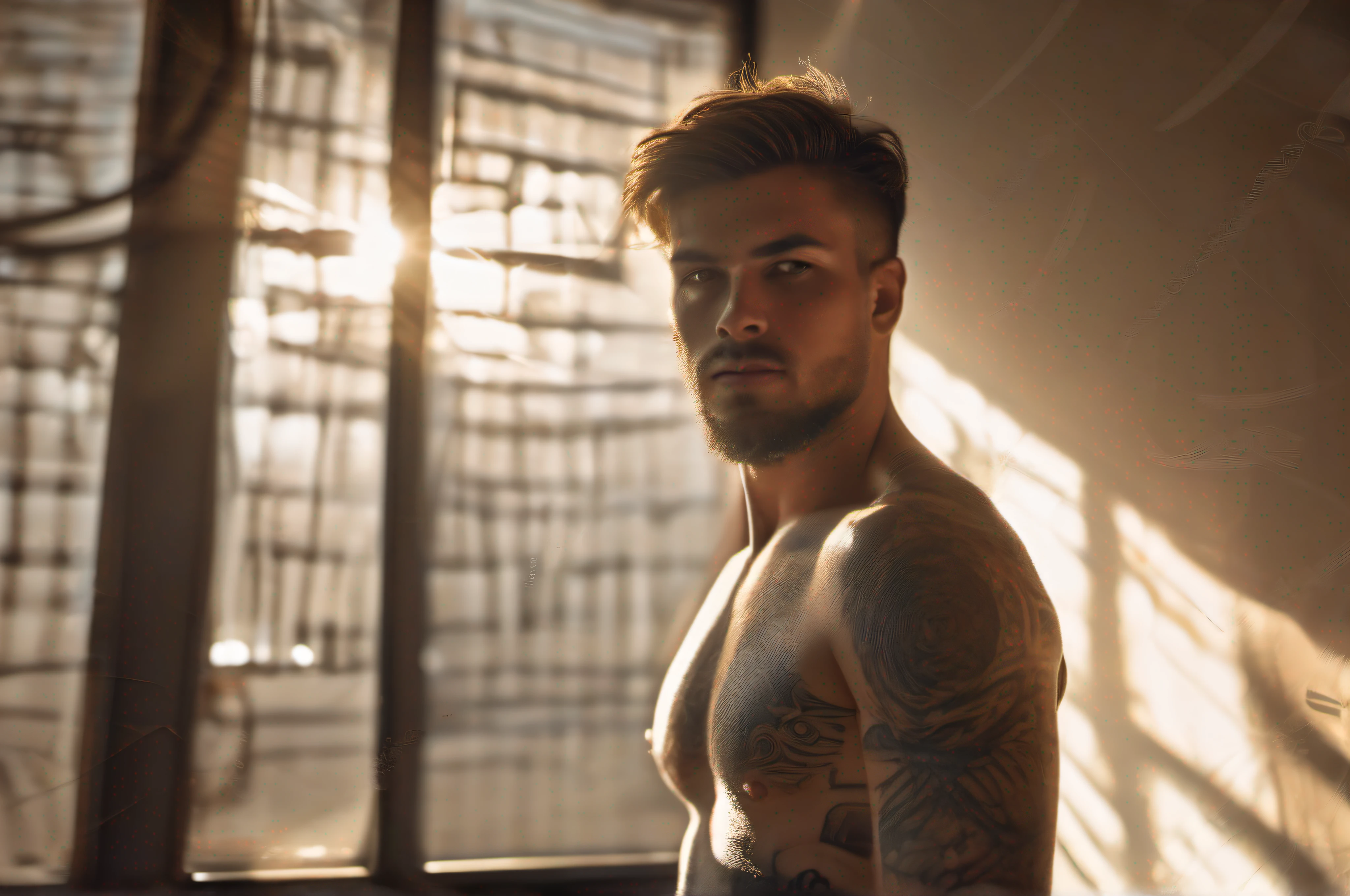 (((( sexy hot tattooed young man)))), (((((dimly lit room with sun light rays entering a nearby window))))), ((backlit)), ((glamour)), ((shadows)), (((full body shot)  flaccid penis)), ((androgynous)), ((8k)), ((ultra sharp focus)), ((intricate artwork masterpiece)), ((movie poster)), ((golden ratio)), ((intricate)), ((highly detailed)), ((production cinematic character render)), ((ultra high quality model)), (()), (( sexy hot tattooed young man)) , (((dimly lit room with evening light rays entering a nearby window))), backlit, glamour,  shadows, (full body shot)
 flaccid penis,  androgynous, 8k,  ultra sharp focus, 
intricate artwork masterpiece,  movie poster,
golden ratio,  intricate,  highly detailed, 
production cinematic character render, ultra high quality model, 1boy, male focus, penis, solo, muscular, nude, tattoo,  male pubic hair, facial hair, pubic hair, abs, navel, bara, window, ,CatrinaMakeUp, detailed_eye, face, detailed eyes