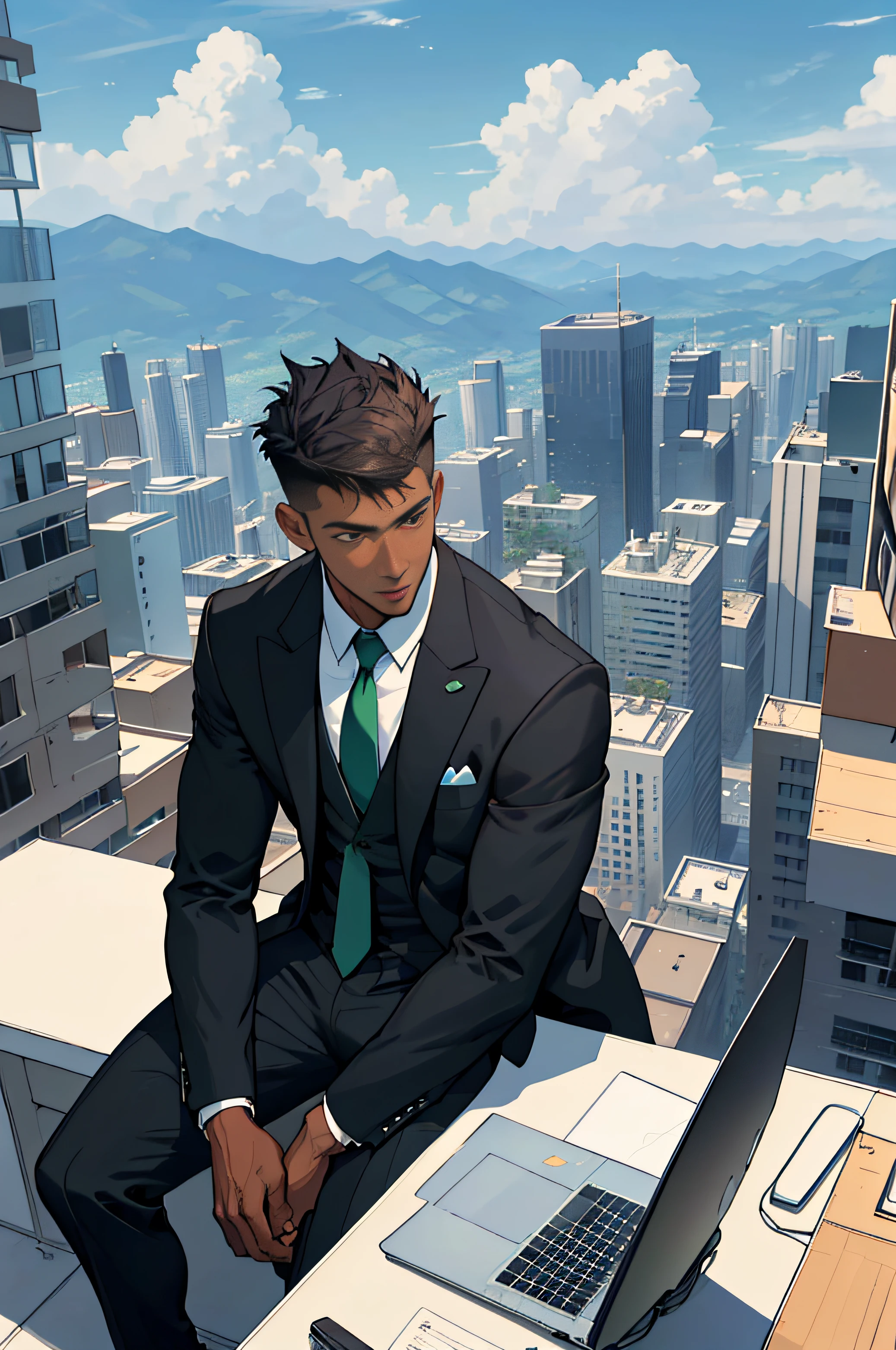 Draw a young slim attractive brown skin graphic designer artist, sitting high on top coperate buildings, He is studying with a laptop computer, surrounded by big blue skies and nature. black suit with green tie. The young man looks confident undetermined, looking at the vast city with wonder and respect, skin fade