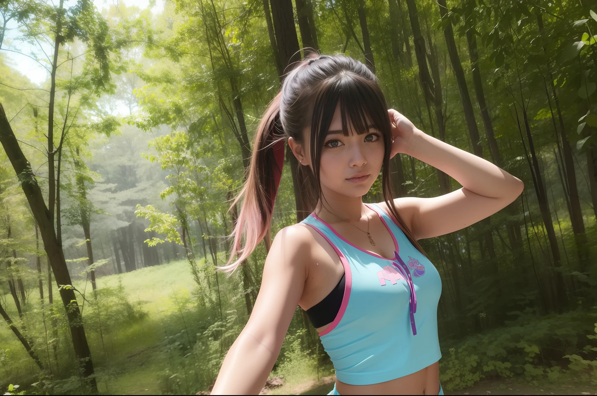 Anime style. In the middle of a large forest in North America a rave is celebrated. Es verano, hace calor, Es de noche y hay hogueras que dan buena luz a la imagen. Una mujer de gran belleza con un look alternativo y pseudo-hippie baila con los brazos abiertos en estado de euforia y trance. (La mejor calidad) (obra maestra)