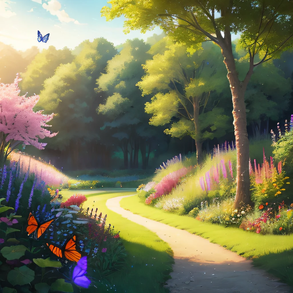 A breathtaking natural setting with vibrant butterflies dancing in the air.