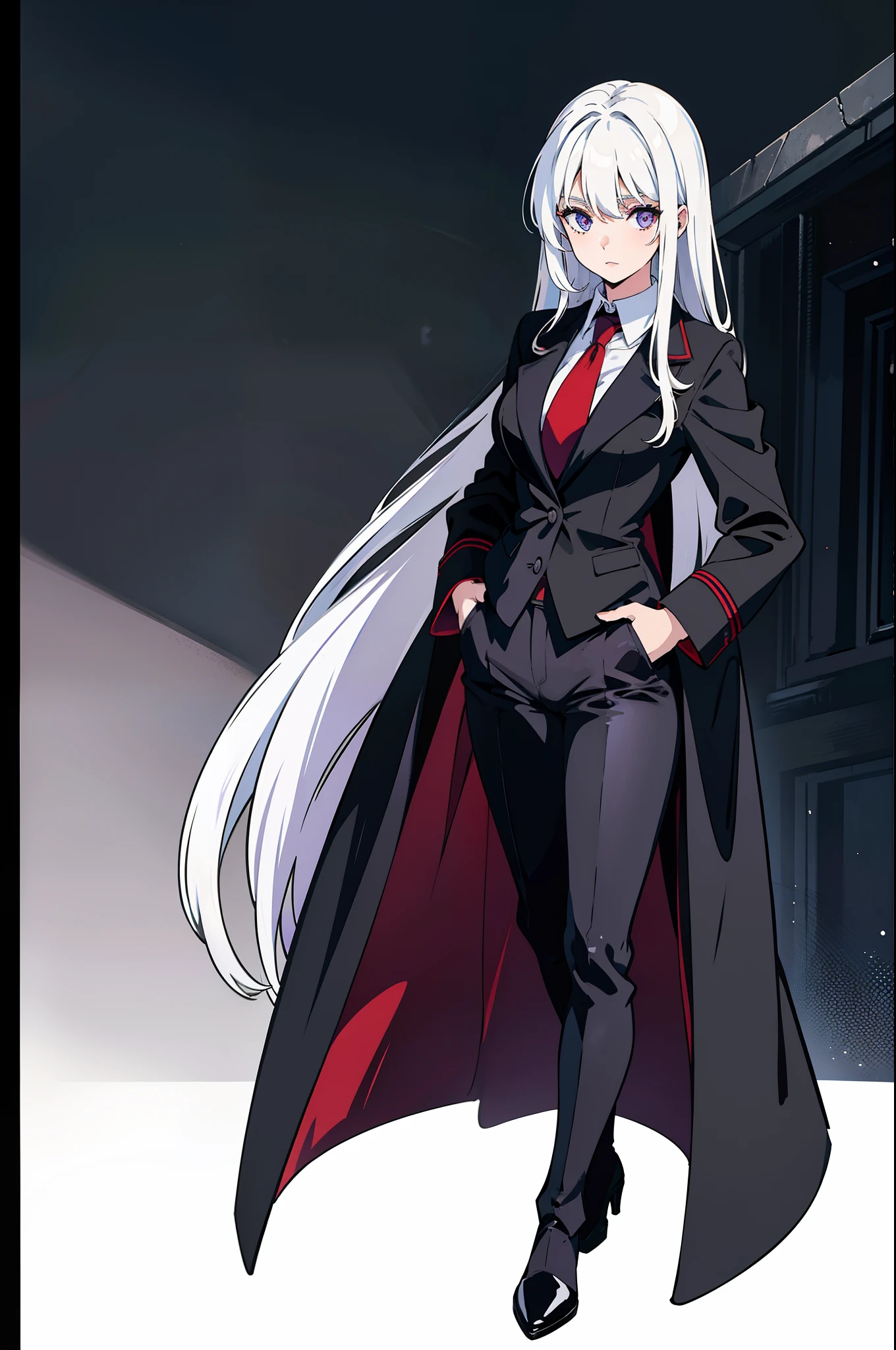 Beutiful women，Has pure white hair，wearing black suits，a black trench coat，Red Tie，boots，Black gloves，Blue-purple eyes， your ass