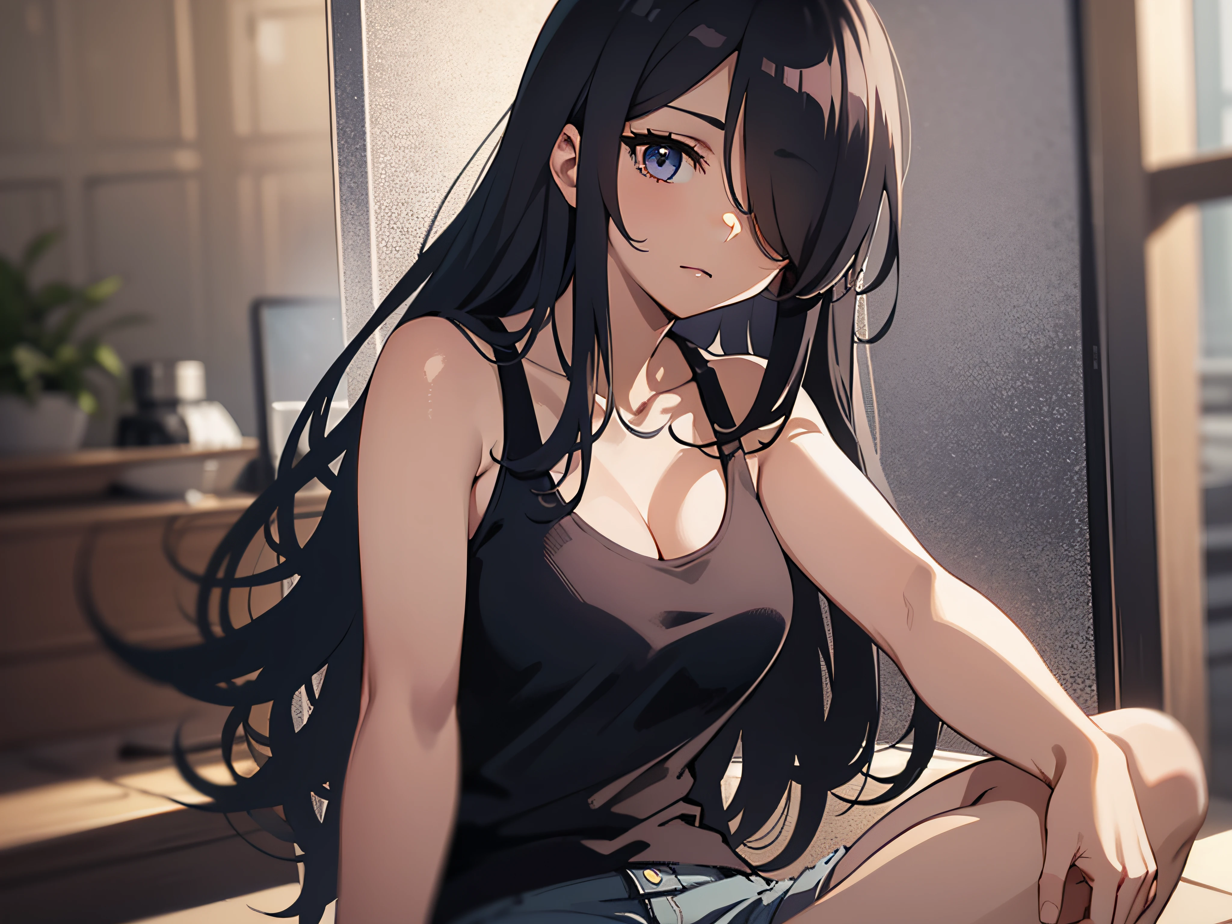 anime screen cap、very dark skin、Hair over one eye:1.5、asymmetrical bangs、Very long hair、A dark-haired、Tank Tops、Lower breast、shortpants、Indian style、Looking to the side、sitting on