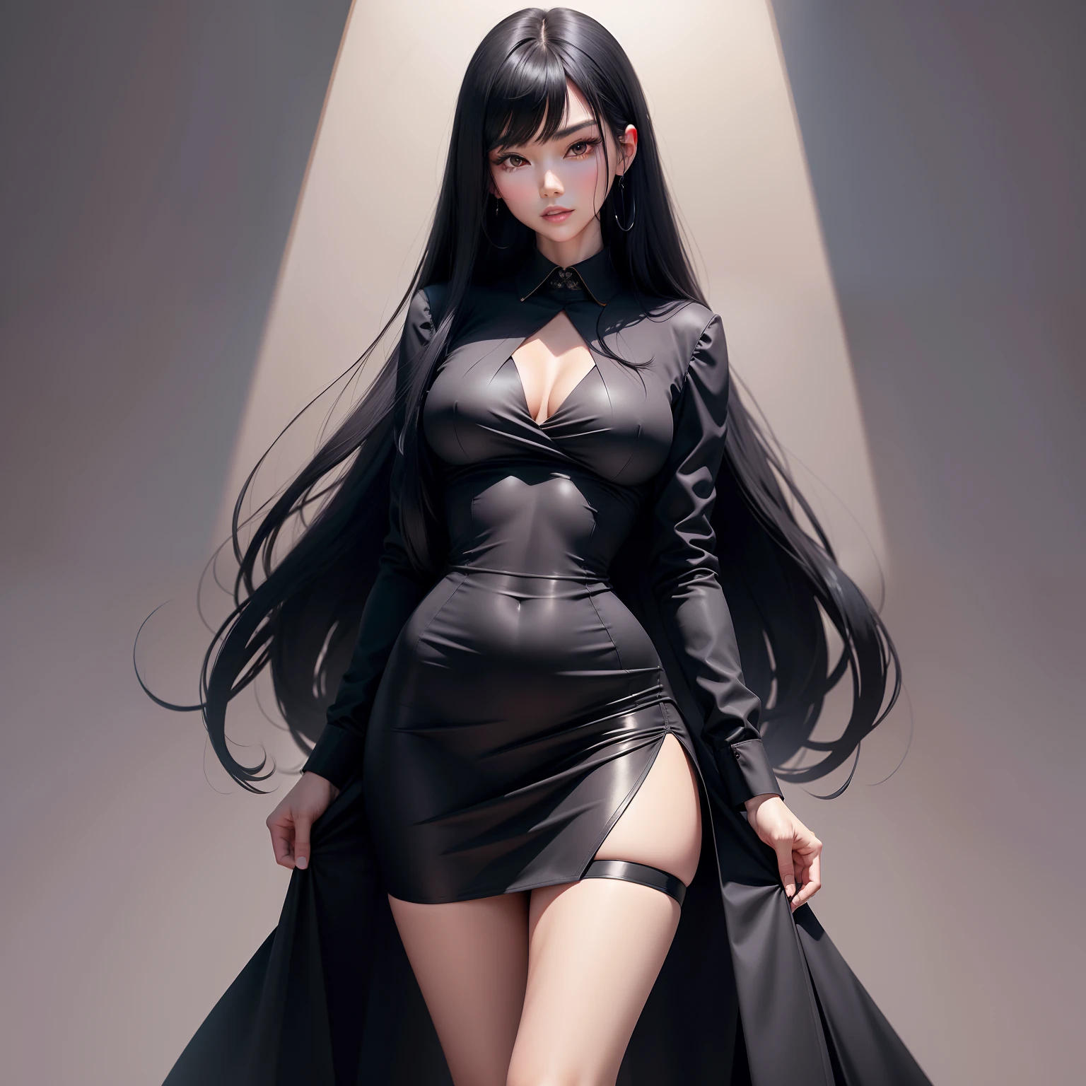 femele，Teachers，Jet-black hair，E cup，long leges，Buttock augmentation，fully body photo，Tall and tall，super detailing，Long hair and waist，Qi bangs，Pleasant expression。Skirt that wraps hips，Professional Dress，The shirt，Fold your hands，high-heels，black lence stockings