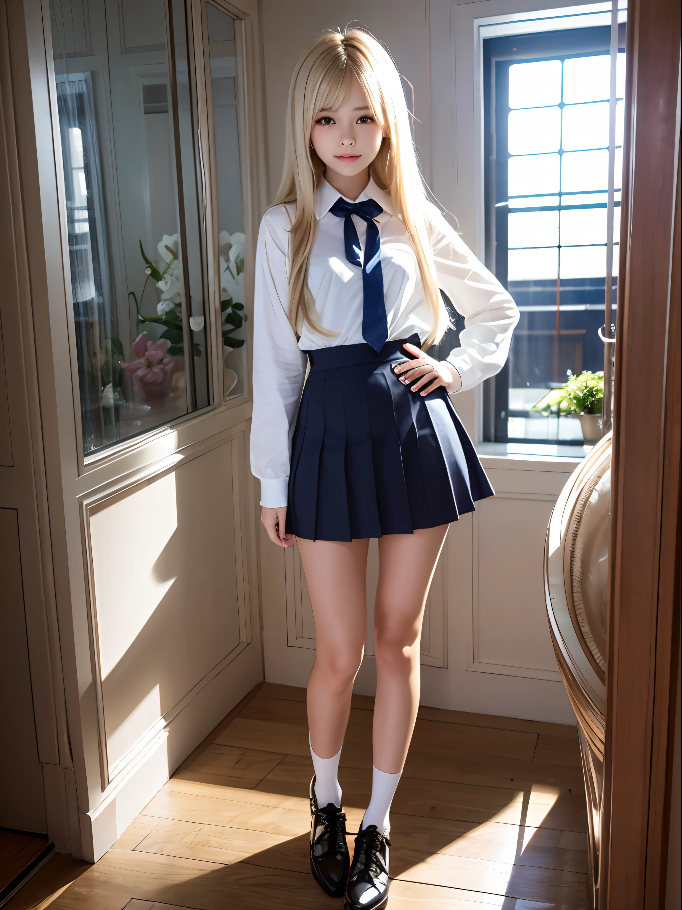portlate、School Uniforms、bright expression、poneyTail、Young shiny shiny white shiny skin、Best Looks、Blonde reflected light、Platinum blonde hair with dazzling highlights、shiny light hair,、Super long silky straight hair、Beautiful bangs that shine、Glowing crystal clear attractive big blue eyes、Very beautiful nice cute 16 year old girl、Lush bust、smil、full body seen、With slit、
