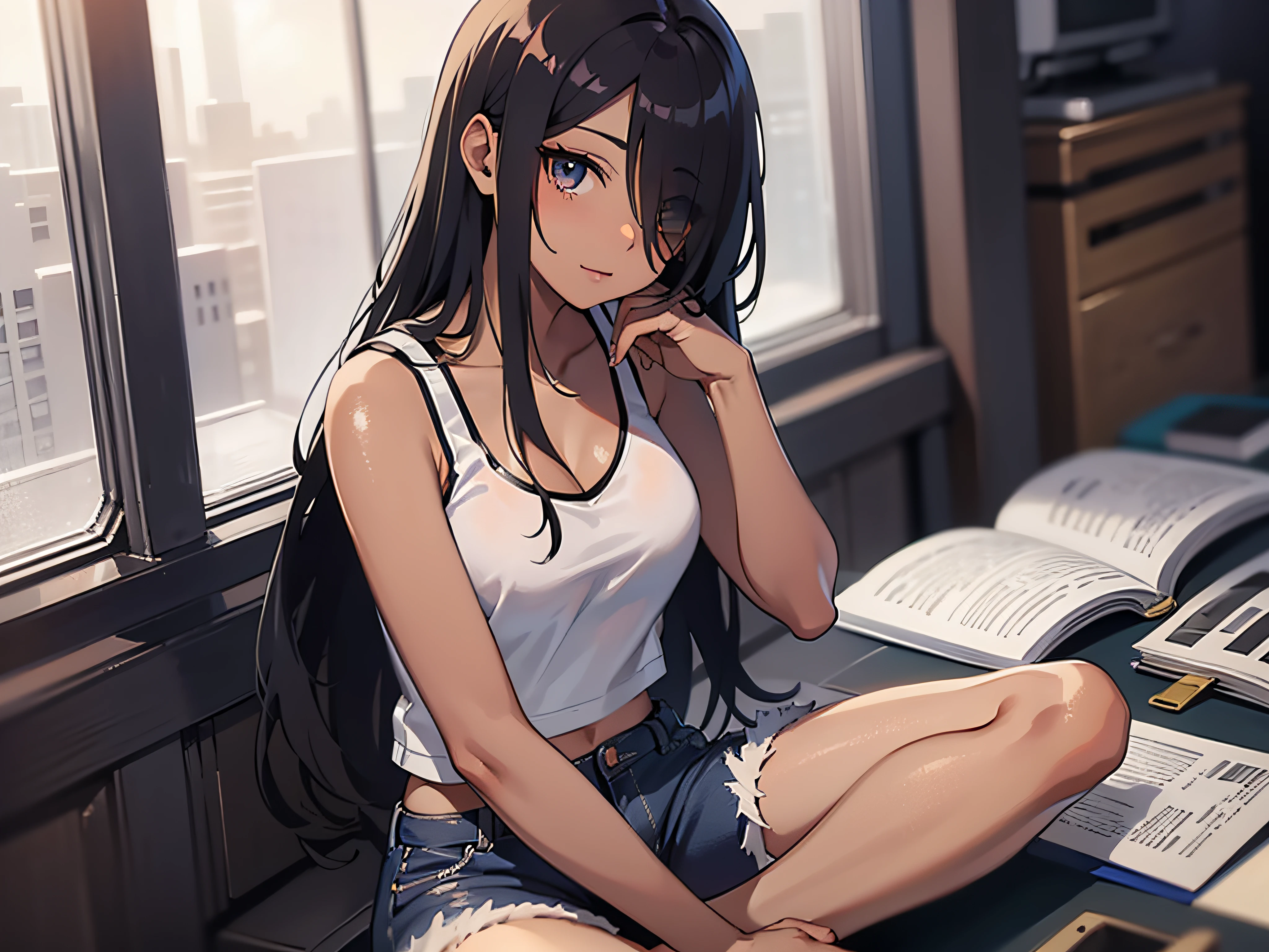 anime screen cap、very dark skin、Hair over one eye:1.5、asymmetrical bangs、Very long hair、A dark-haired、Tank Tops、Lower breast、shortpants、Indian style、Looking to the side、sitting on