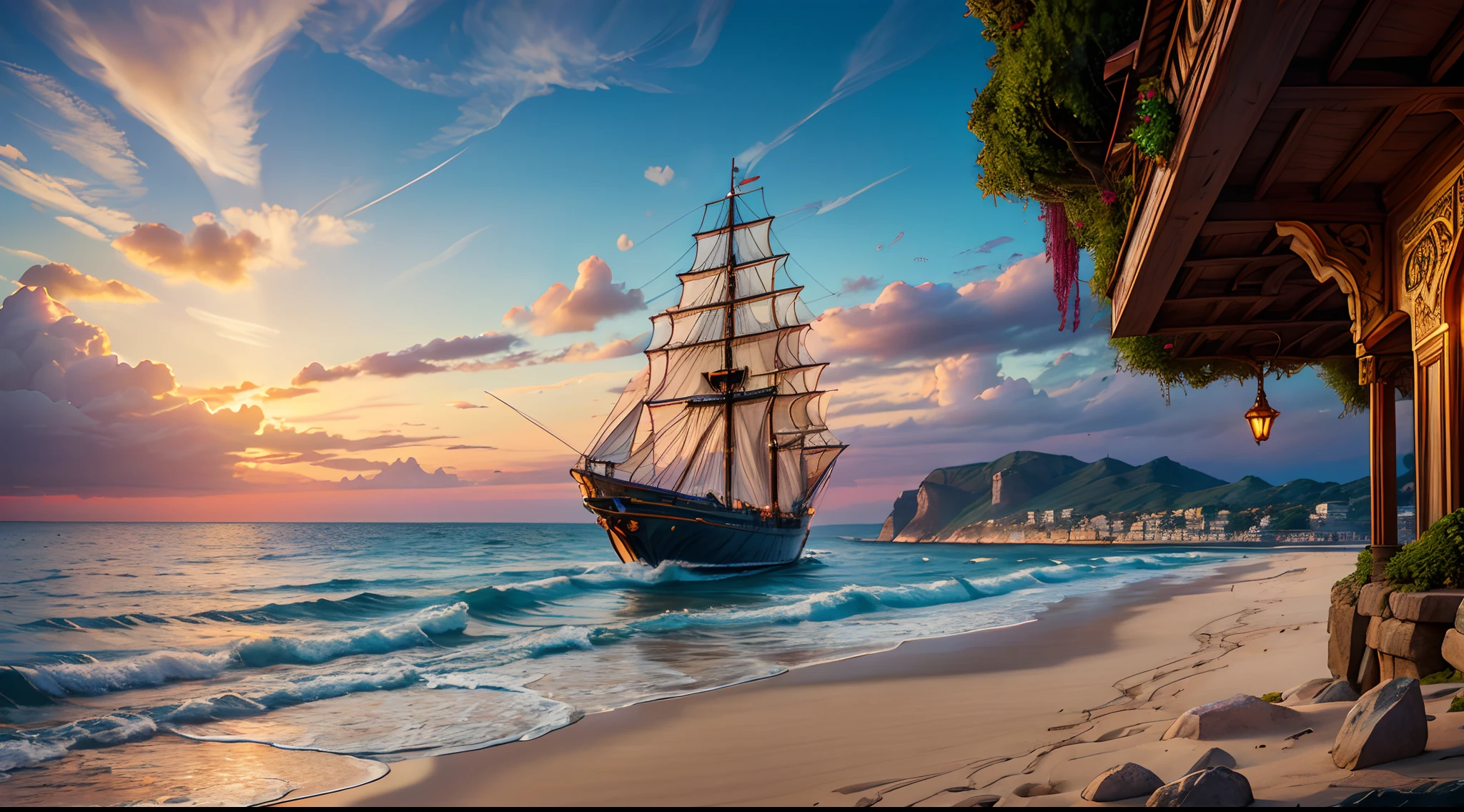 "(Fantasy city: 1.8, stunning coast, beautiful sandy beach) (1 frigate at sea: 0.4), dawn, WALLPAPER, (((masterpiece))), (best quality), (ultra-detailed), detailed and intricate, elegant, ornate"