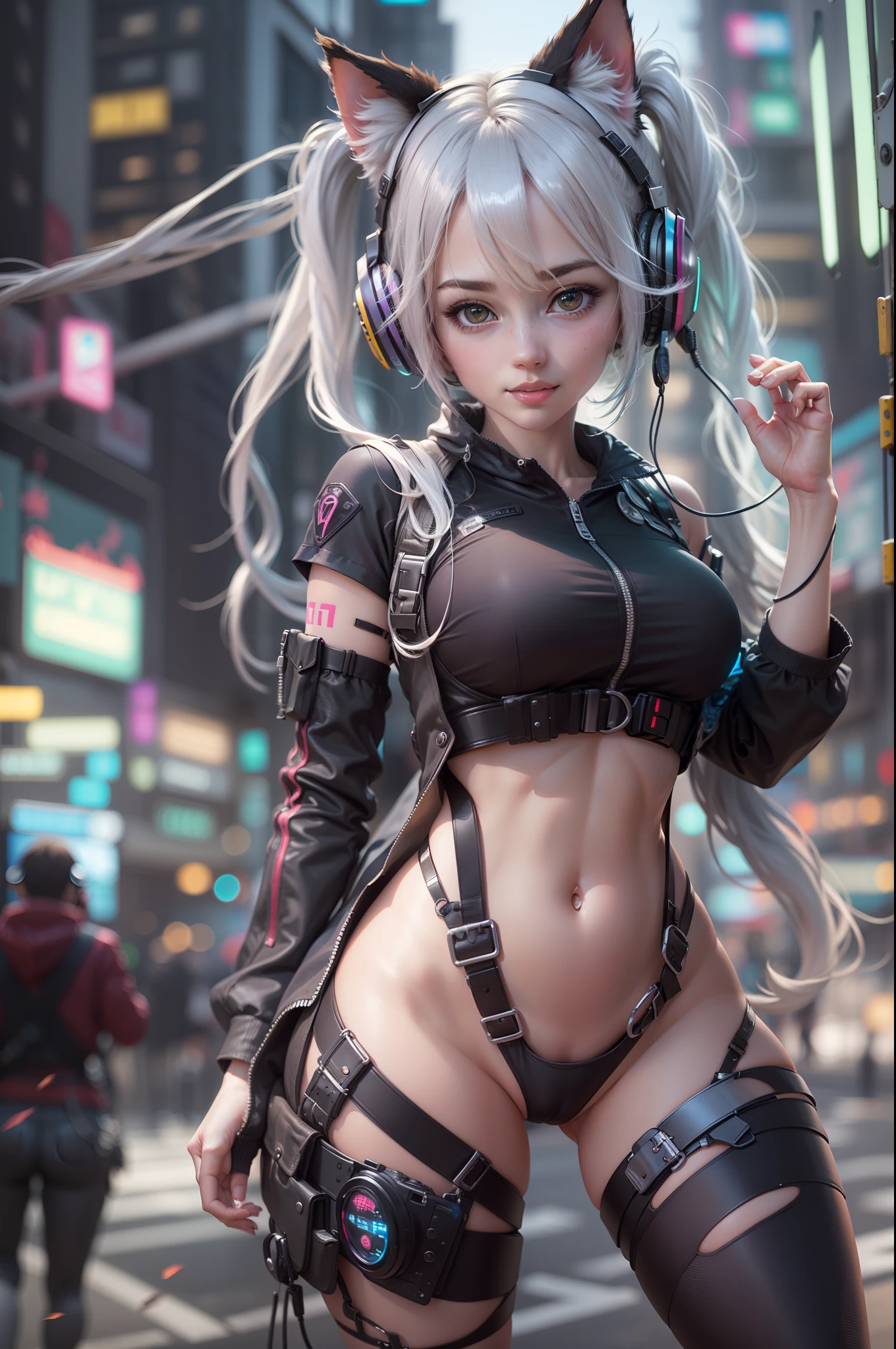 (RAW photo, best quality, masterpiece:1.2), (realistic, photo-realistic:1.4),(masterpiece:1.4),(best quality:1.4), ((sexy cyberpunk catgirl)) solo, :d, (headphones), bangs, blush, ((colorful body harness)), big breasts, ((dynamic pose)), cowboy shot, (((cyberpunk city streets background))), hair intakes, headphones, long hair, looking at viewer, sidelocks, smile, (((thigh gap))), thighs, twintails, very long hair, white hair,alice \(nikke\),(shiny skin),realistic.